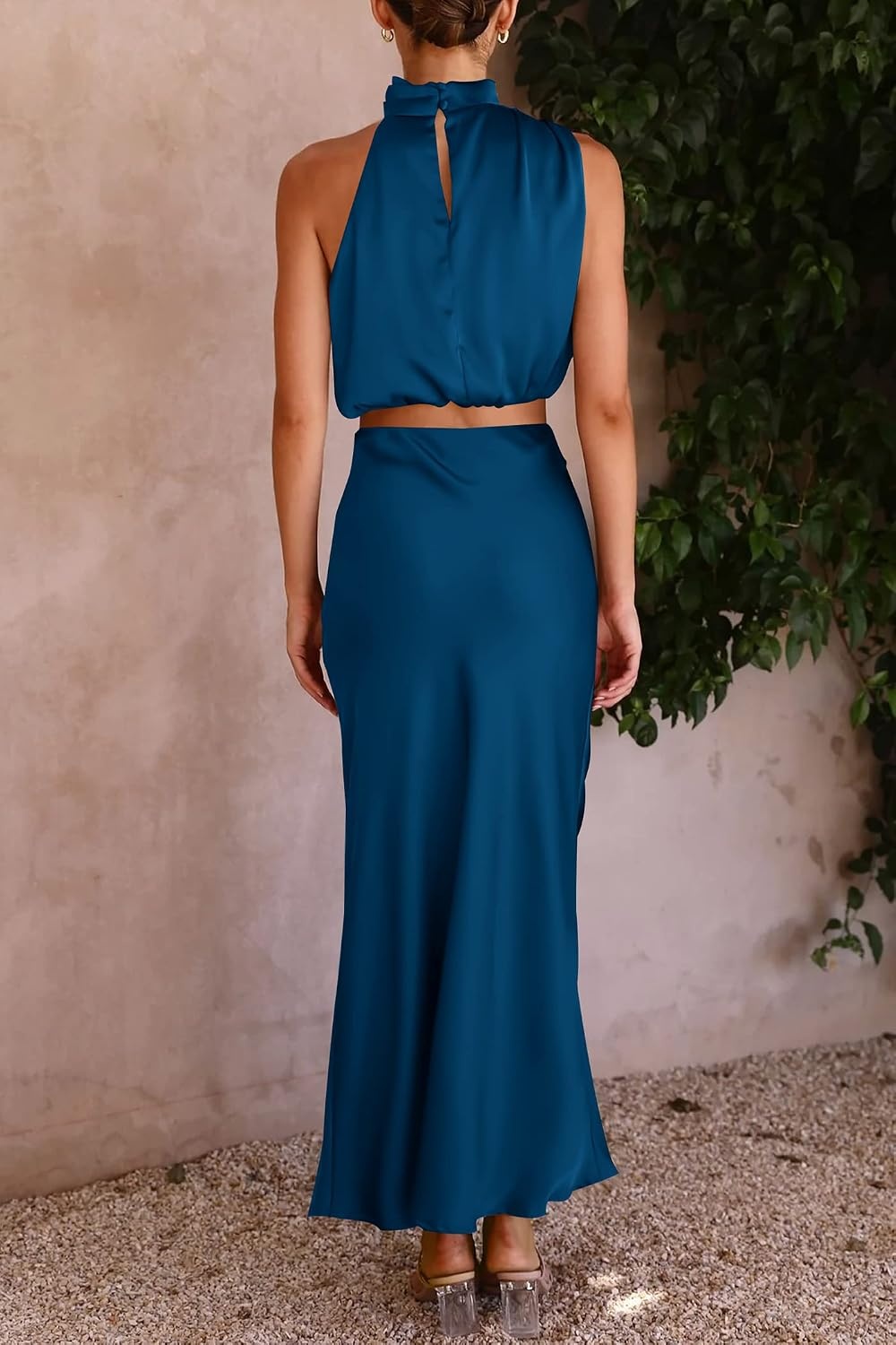 image:imagePRETTYGARDEN Womens 2 Piece Outfits Satin Skirt Set Smooth Silk Fabric Sleeveless Mock Neck Asymmetrical Crop Tops High Waisted Maxi Long Skirts Elegant Summer Dress SetsDark Blue
