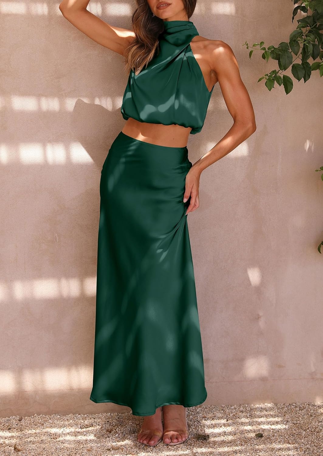 image:imagePRETTYGARDEN Womens 2 Piece Outfits Satin Skirt Set Smooth Silk Fabric Sleeveless Mock Neck Asymmetrical Crop Tops High Waisted Maxi Long Skirts Elegant Summer Dress SetsDark Green