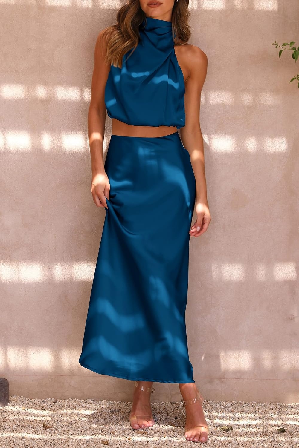 image:imagePRETTYGARDEN Womens 2 Piece Outfits Satin Skirt Set Smooth Silk Fabric Sleeveless Mock Neck Asymmetrical Crop Tops High Waisted Maxi Long Skirts Elegant Summer Dress SetsDark Blue