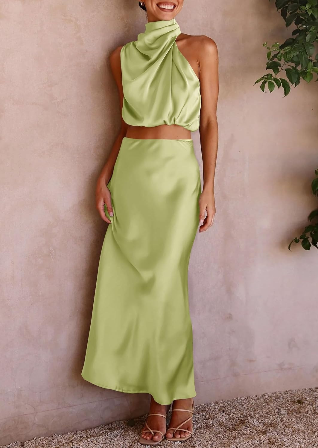image:imagePRETTYGARDEN Womens 2 Piece Outfits Satin Skirt Set Smooth Silk Fabric Sleeveless Mock Neck Asymmetrical Crop Tops High Waisted Maxi Long Skirts Elegant Summer Dress SetsLight Green