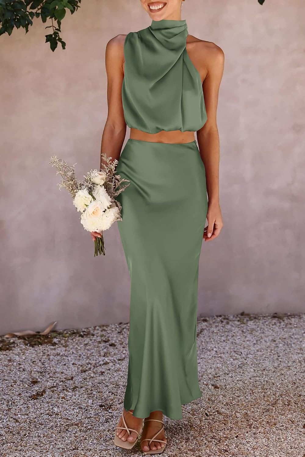 image:imagePRETTYGARDEN Womens 2 Piece Outfits Satin Skirt Set Smooth Silk Fabric Sleeveless Mock Neck Asymmetrical Crop Tops High Waisted Maxi Long Skirts Elegant Summer Dress SetsArmy Green