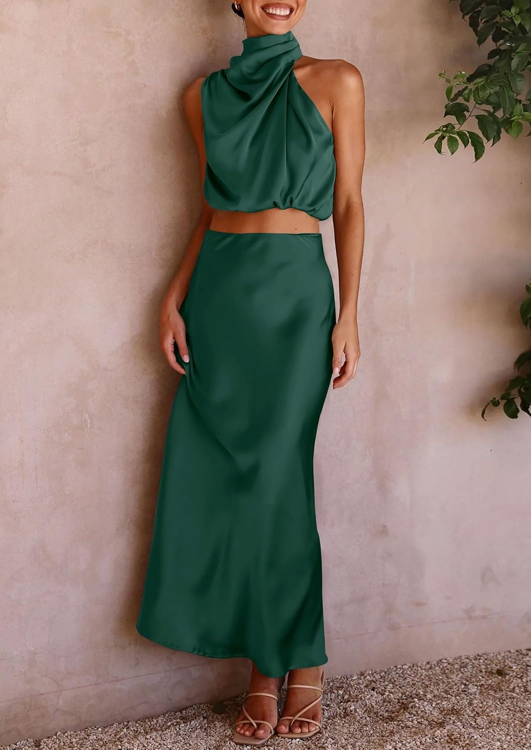 image:imagePRETTYGARDEN Womens 2 Piece Outfits Satin Skirt Set Smooth Silk Fabric Sleeveless Mock Neck Asymmetrical Crop Tops High Waisted Maxi Long Skirts Elegant Summer Dress SetsDark Green