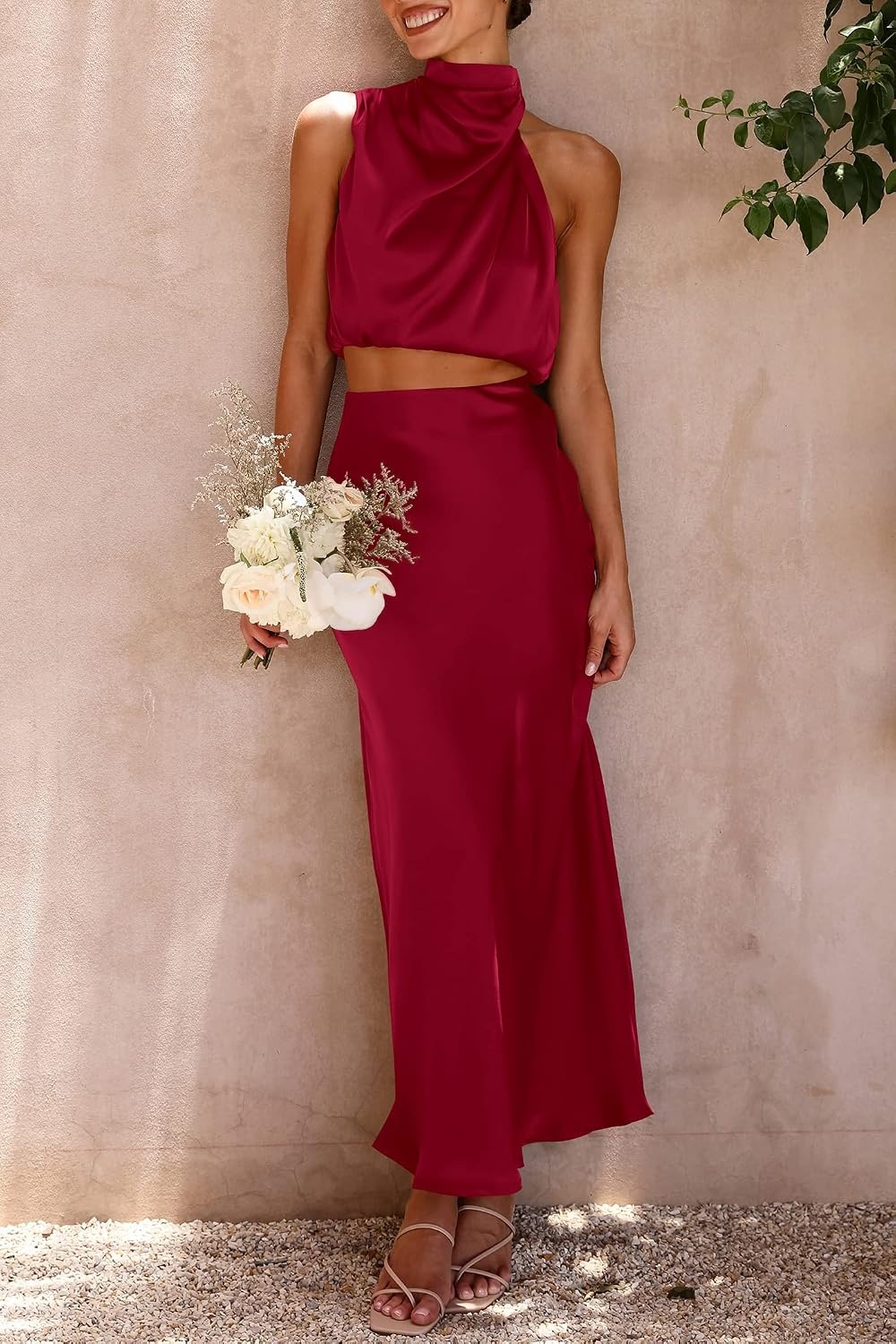 image:imagePRETTYGARDEN Womens 2 Piece Outfits Satin Skirt Set Smooth Silk Fabric Sleeveless Mock Neck Asymmetrical Crop Tops High Waisted Maxi Long Skirts Elegant Summer Dress SetsDeep Red