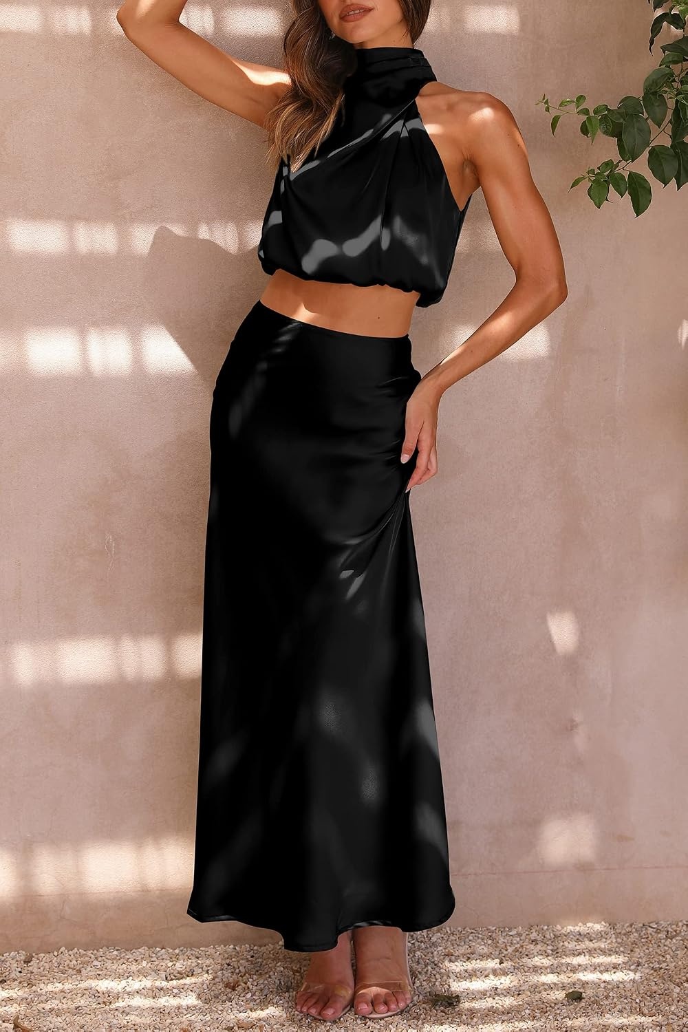 image:imagePRETTYGARDEN Womens 2 Piece Outfits Satin Skirt Set Smooth Silk Fabric Sleeveless Mock Neck Asymmetrical Crop Tops High Waisted Maxi Long Skirts Elegant Summer Dress SetsBlack