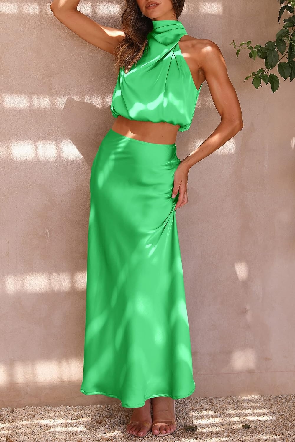 image:imagePRETTYGARDEN Womens 2 Piece Outfits Satin Skirt Set Smooth Silk Fabric Sleeveless Mock Neck Asymmetrical Crop Tops High Waisted Maxi Long Skirts Elegant Summer Dress SetsGrass Green
