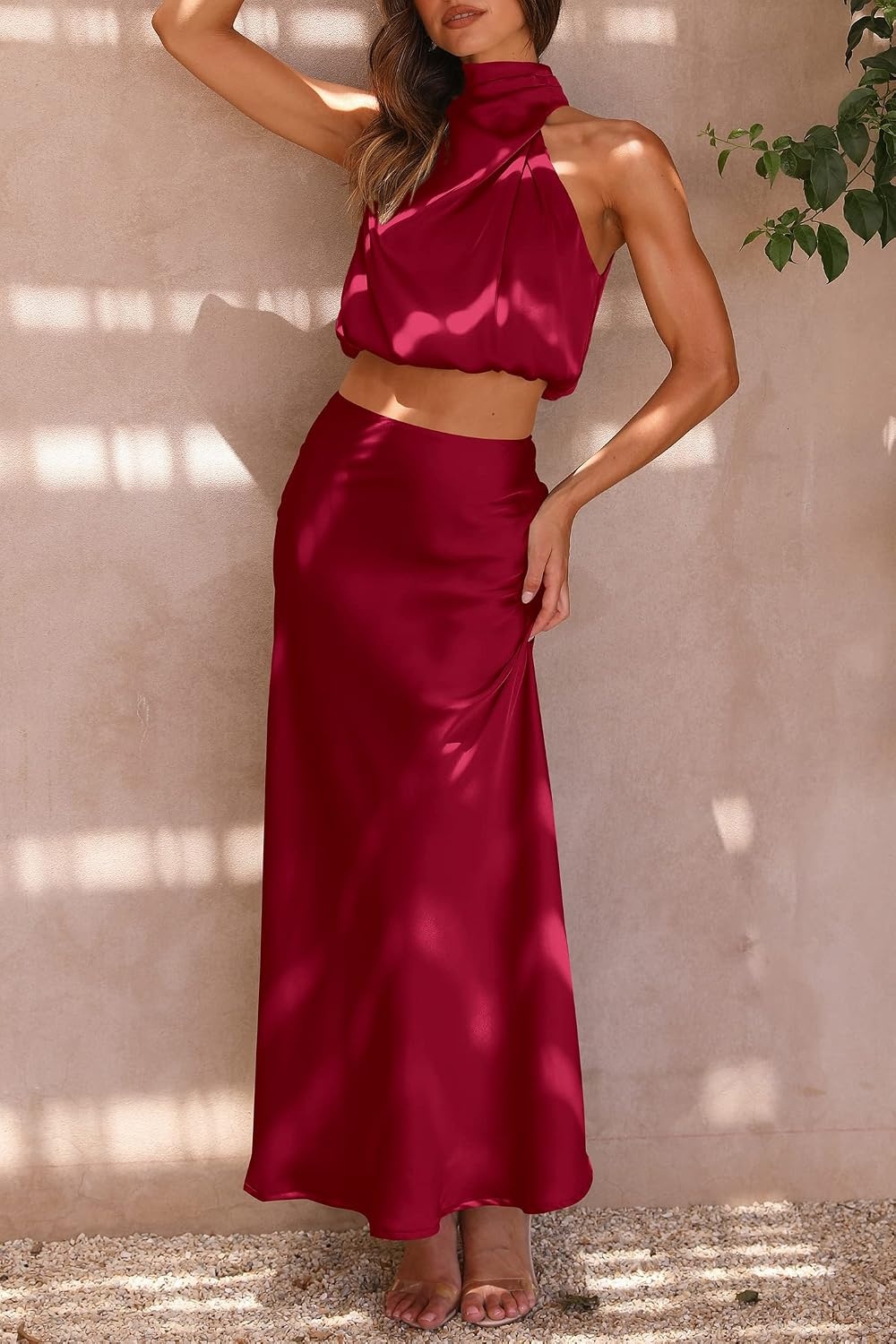 image:imagePRETTYGARDEN Womens 2 Piece Outfits Satin Skirt Set Smooth Silk Fabric Sleeveless Mock Neck Asymmetrical Crop Tops High Waisted Maxi Long Skirts Elegant Summer Dress SetsDeep Red