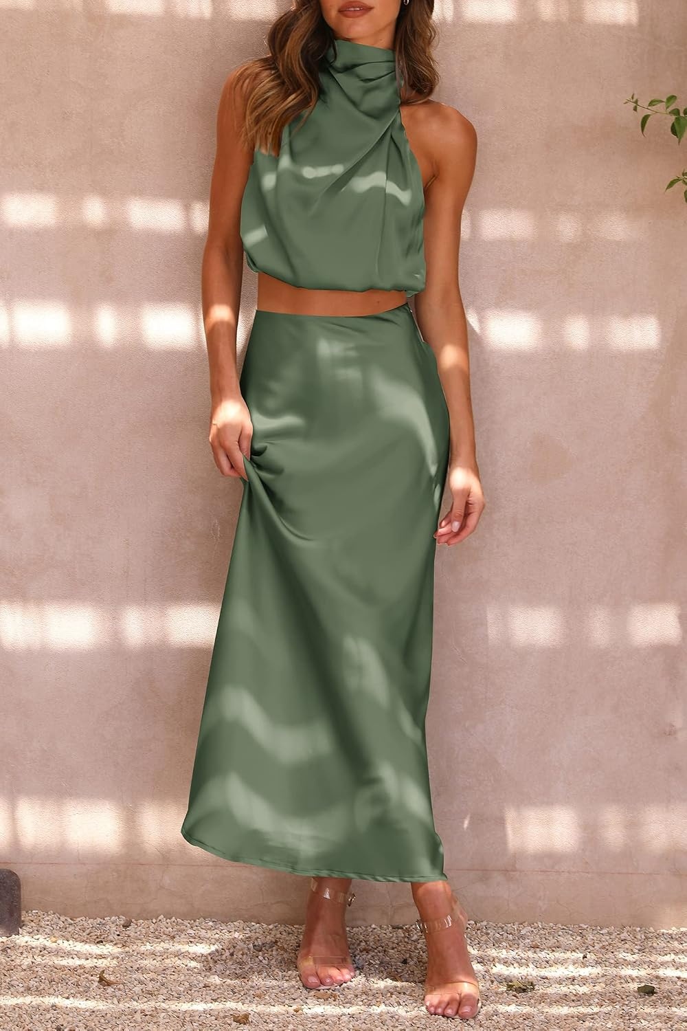 image:imagePRETTYGARDEN Womens 2 Piece Outfits Satin Skirt Set Smooth Silk Fabric Sleeveless Mock Neck Asymmetrical Crop Tops High Waisted Maxi Long Skirts Elegant Summer Dress SetsArmy Green