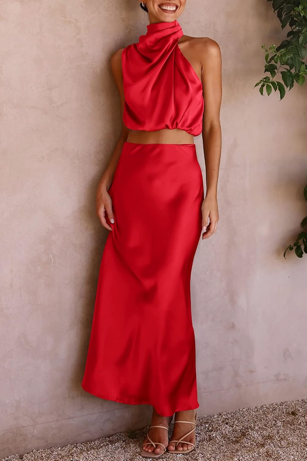 image:imagePRETTYGARDEN Womens 2 Piece Outfits Satin Skirt Set Smooth Silk Fabric Sleeveless Mock Neck Asymmetrical Crop Tops High Waisted Maxi Long Skirts Elegant Summer Dress SetsRed