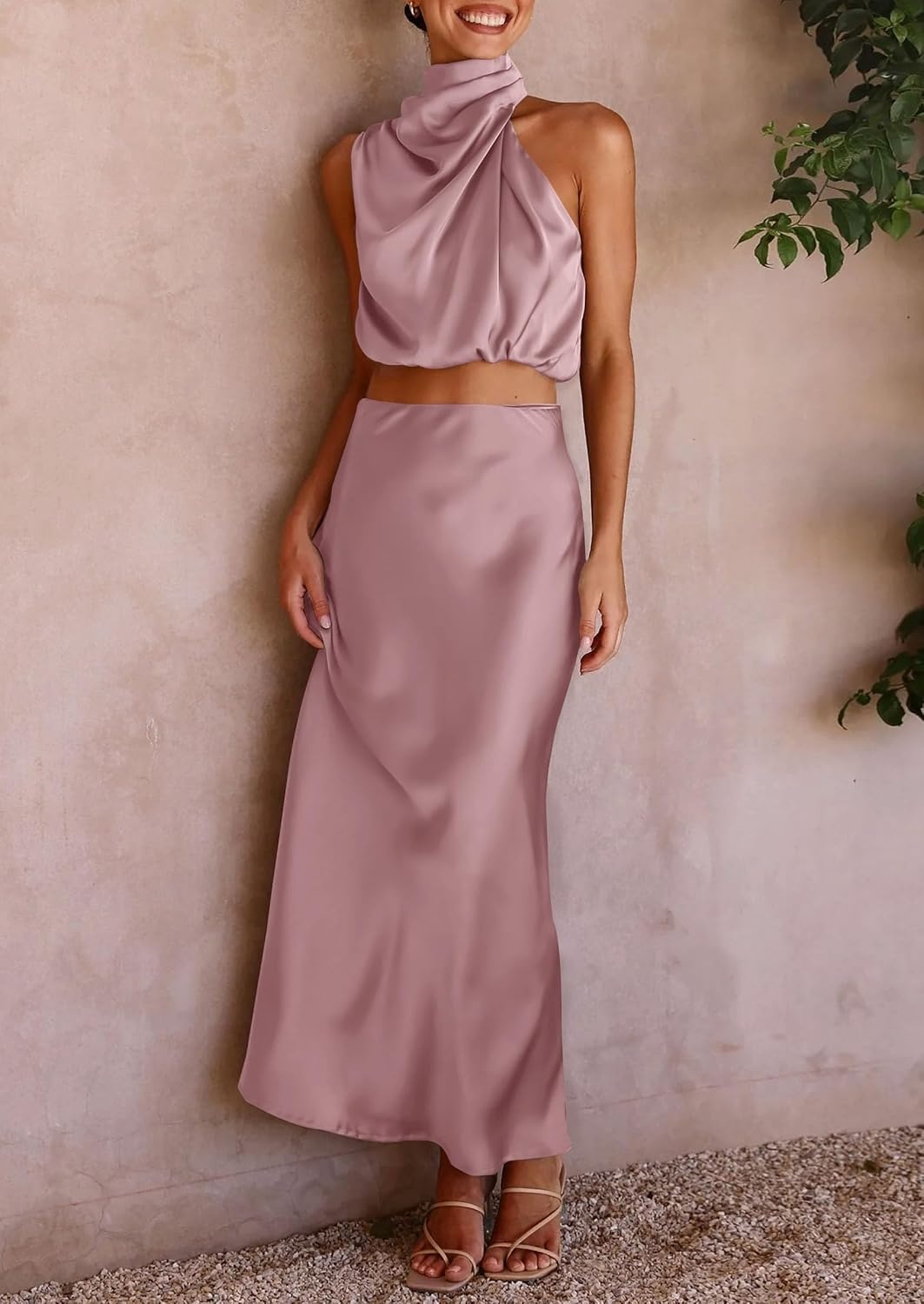 image:imagePRETTYGARDEN Womens 2 Piece Outfits Satin Skirt Set Smooth Silk Fabric Sleeveless Mock Neck Asymmetrical Crop Tops High Waisted Maxi Long Skirts Elegant Summer Dress SetsDusty Pink