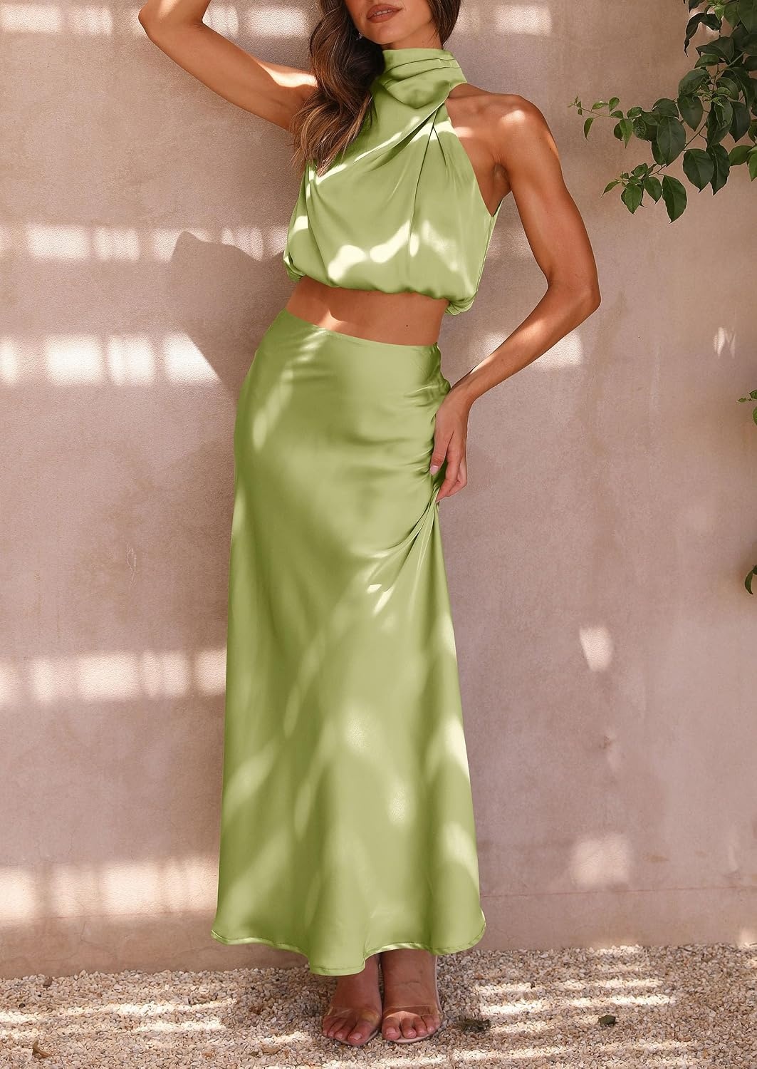 image:imagePRETTYGARDEN Womens 2 Piece Outfits Satin Skirt Set Smooth Silk Fabric Sleeveless Mock Neck Asymmetrical Crop Tops High Waisted Maxi Long Skirts Elegant Summer Dress SetsLight Green