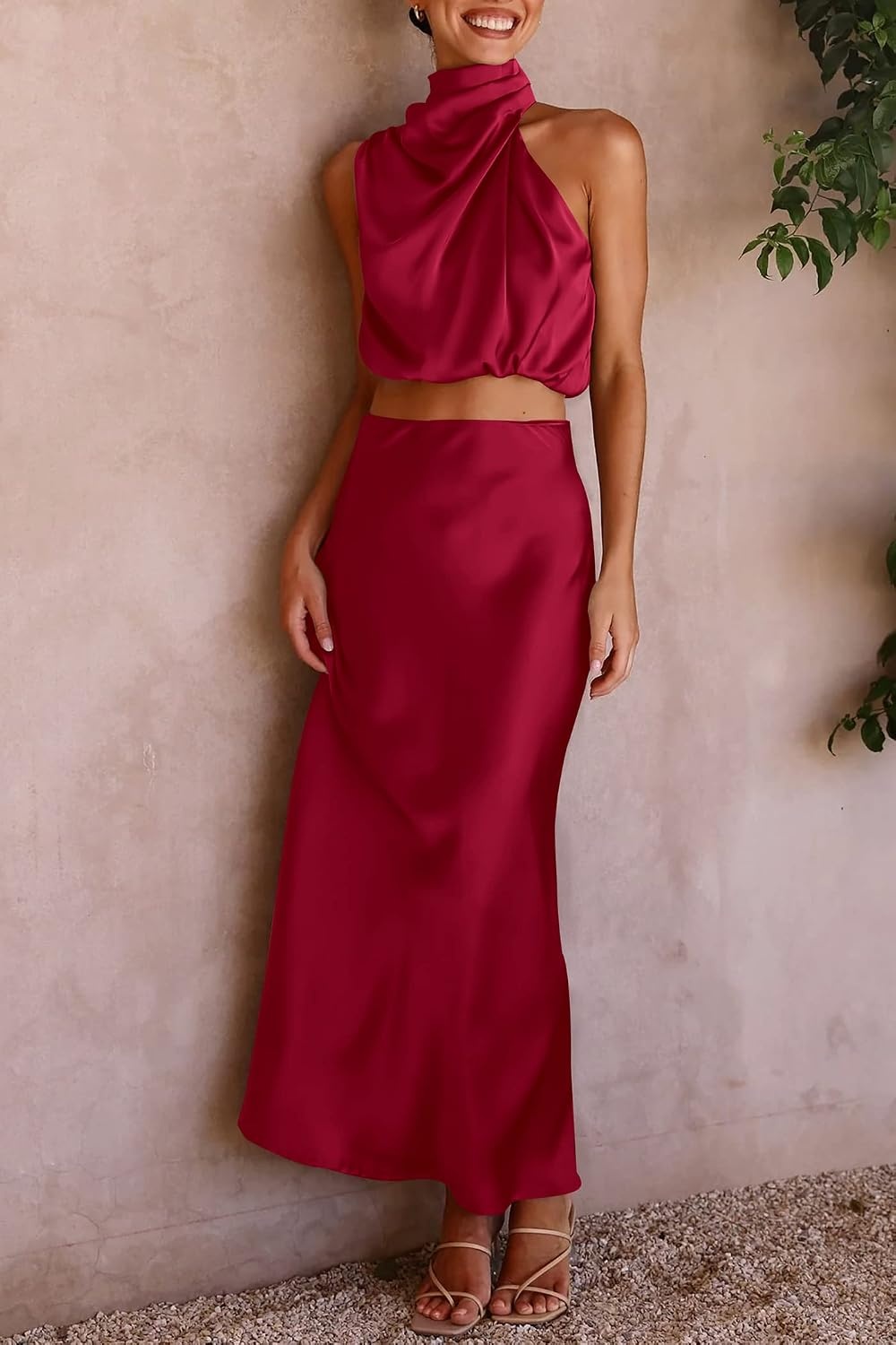 image:imagePRETTYGARDEN Womens 2 Piece Outfits Satin Skirt Set Smooth Silk Fabric Sleeveless Mock Neck Asymmetrical Crop Tops High Waisted Maxi Long Skirts Elegant Summer Dress SetsDeep Red