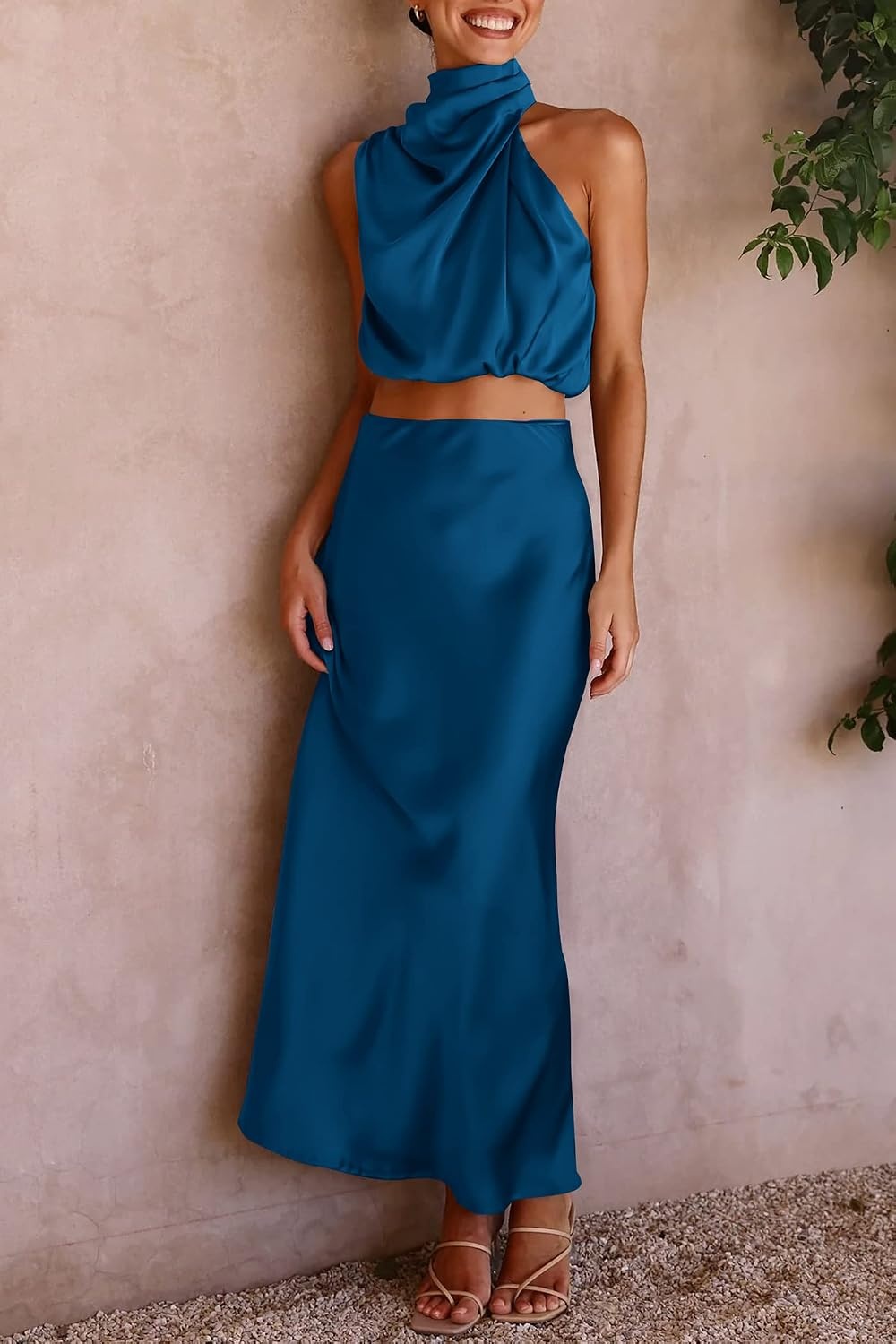 image:imagePRETTYGARDEN Womens 2 Piece Outfits Satin Skirt Set Smooth Silk Fabric Sleeveless Mock Neck Asymmetrical Crop Tops High Waisted Maxi Long Skirts Elegant Summer Dress SetsDark Blue
