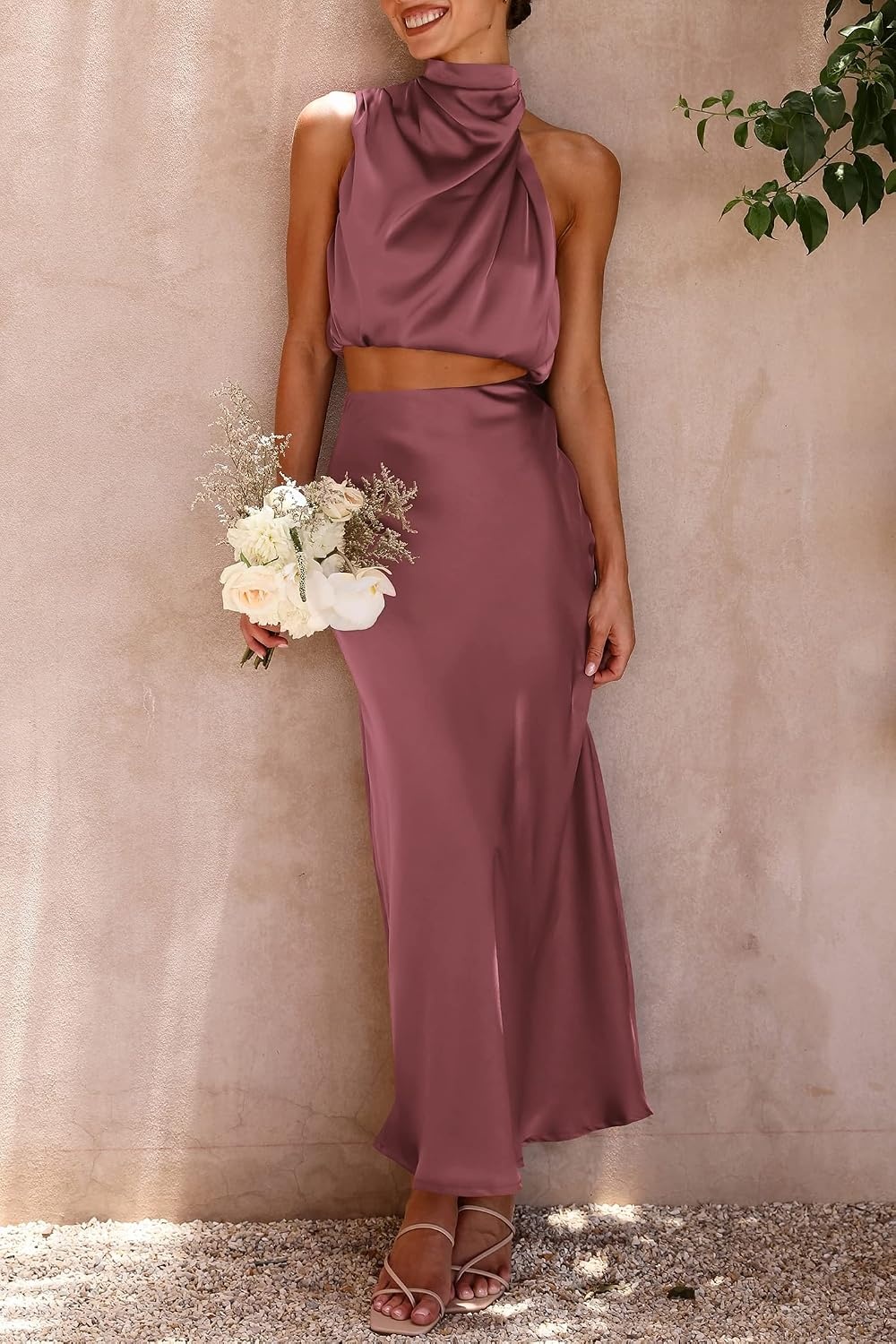 image:imagePRETTYGARDEN Womens 2 Piece Outfits Satin Skirt Set Smooth Silk Fabric Sleeveless Mock Neck Asymmetrical Crop Tops High Waisted Maxi Long Skirts Elegant Summer Dress SetsBrick Red