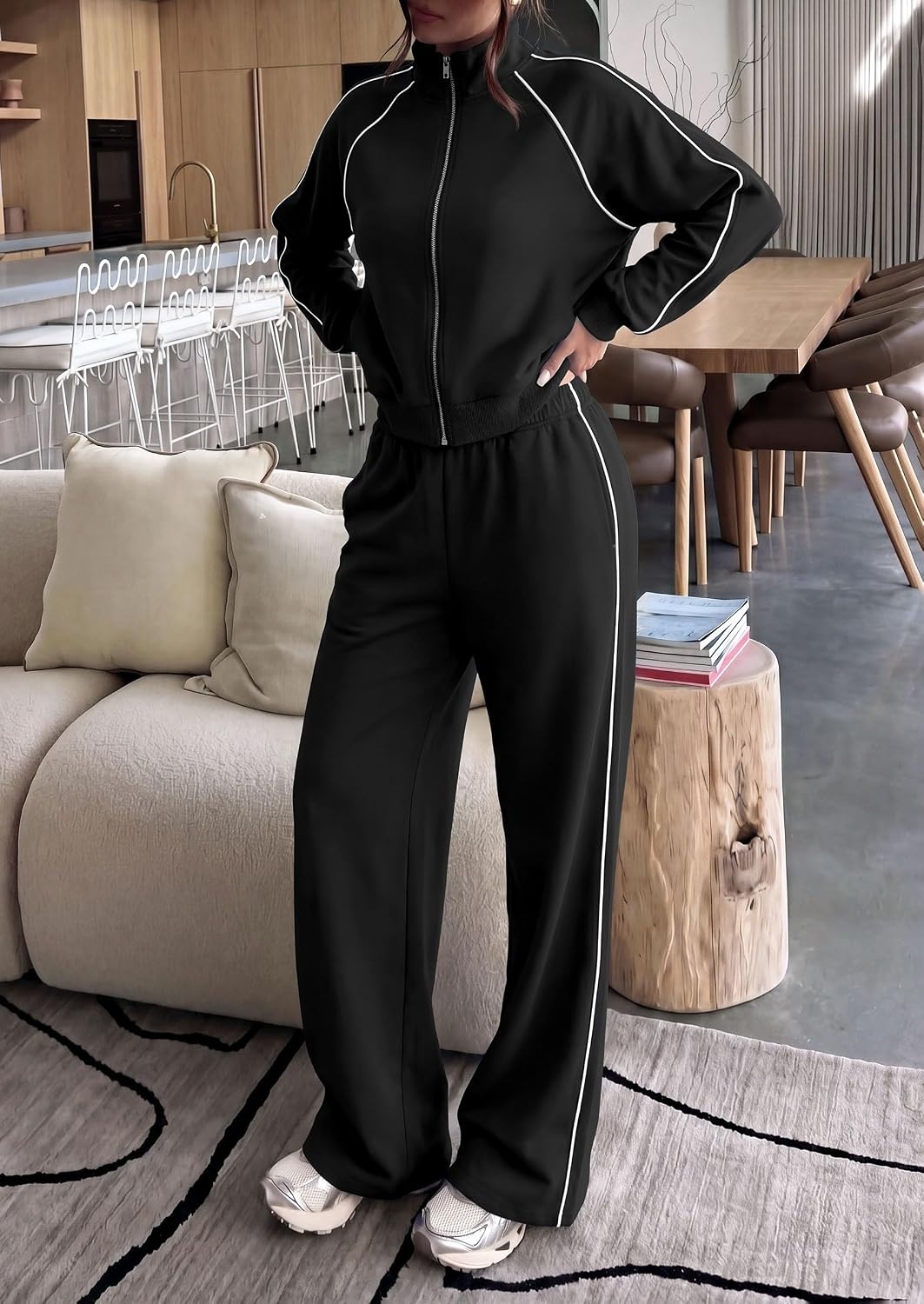 image:imagePRETTYGARDEN Womens 2 Piece Sweat Set Casual Fall Outfits Zip Up SweatshirtWide Leg Pants SweatsuitsSide StripesMatching Lounge SetsAthletic Wear for AirportJoggingTravelDailyBlack
