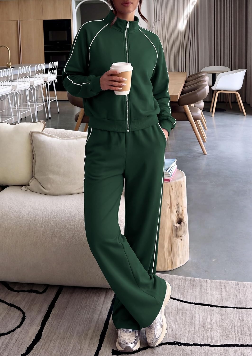 image:imagePRETTYGARDEN Womens 2 Piece Sweat Set Casual Fall Outfits Zip Up SweatshirtWide Leg Pants SweatsuitsSide StripesMatching Lounge SetsAthletic Wear for AirportJoggingTravelDailyDark Green