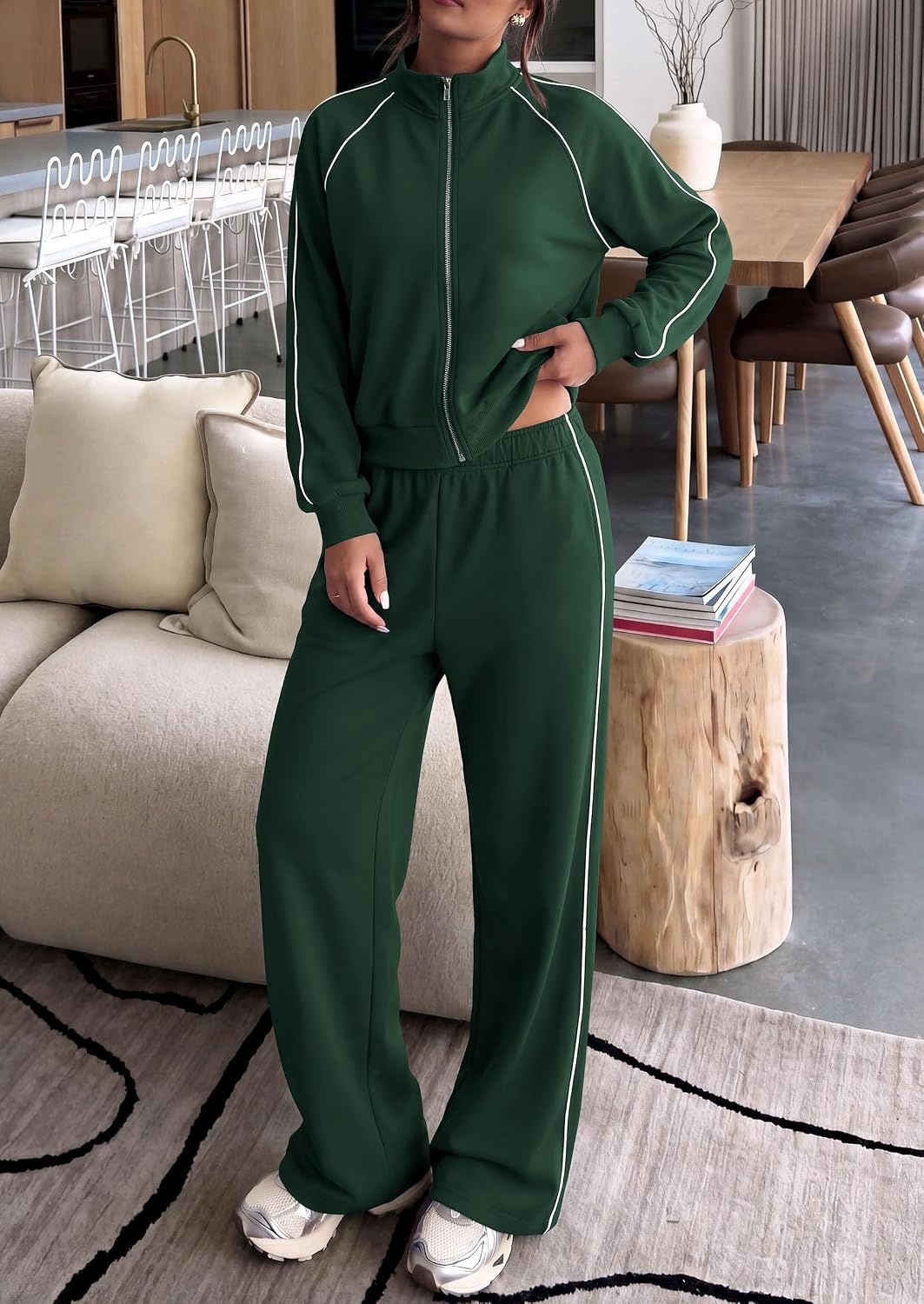 image:imagePRETTYGARDEN Womens 2 Piece Sweat Set Casual Fall Outfits Zip Up SweatshirtWide Leg Pants SweatsuitsSide StripesMatching Lounge SetsAthletic Wear for AirportJoggingTravelDailyDark Green