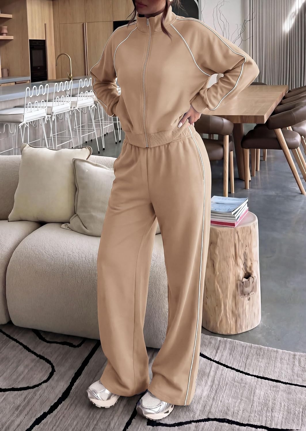 image:imagePRETTYGARDEN Womens 2 Piece Sweat Set Casual Fall Outfits Zip Up SweatshirtWide Leg Pants SweatsuitsSide StripesMatching Lounge SetsAthletic Wear for AirportJoggingTravelDailyKhaki