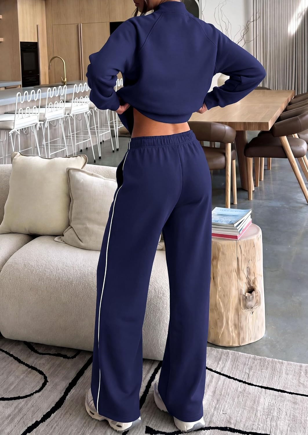 image:imagePRETTYGARDEN Womens 2 Piece Sweat Set Casual Fall Outfits Zip Up SweatshirtWide Leg Pants SweatsuitsSide StripesMatching Lounge SetsAthletic Wear for AirportJoggingTravelDailyNavy Blue