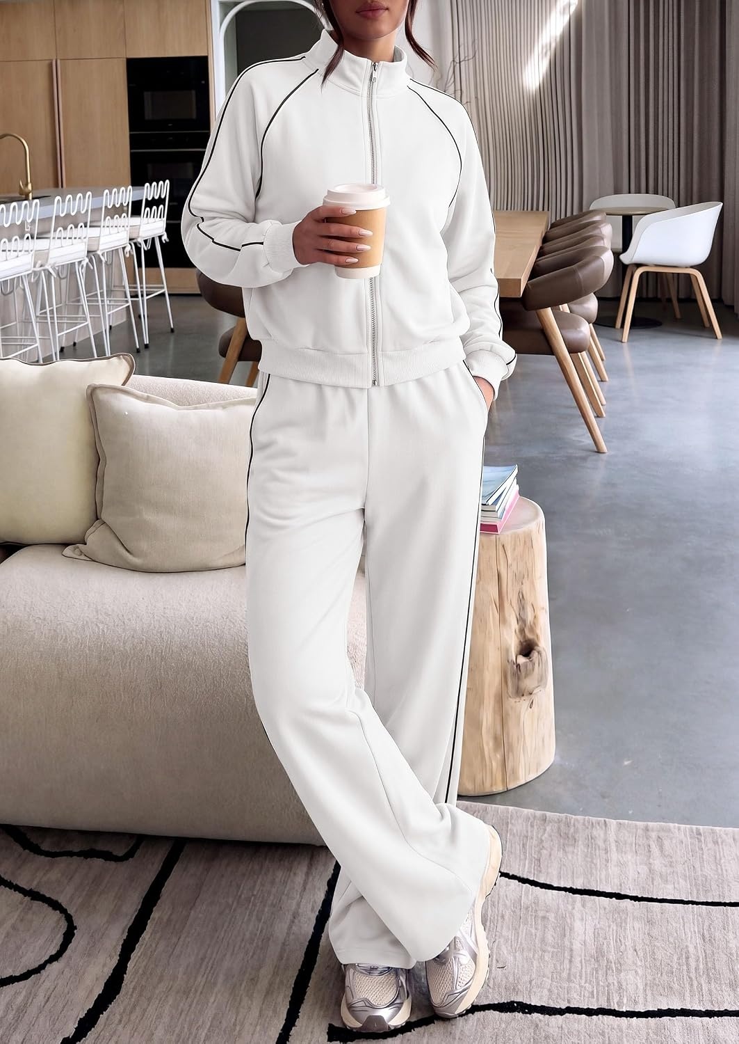 image:imagePRETTYGARDEN Womens 2 Piece Sweat Set Casual Fall Outfits Zip Up SweatshirtWide Leg Pants SweatsuitsSide StripesMatching Lounge SetsAthletic Wear for AirportJoggingTravelDailyWhite