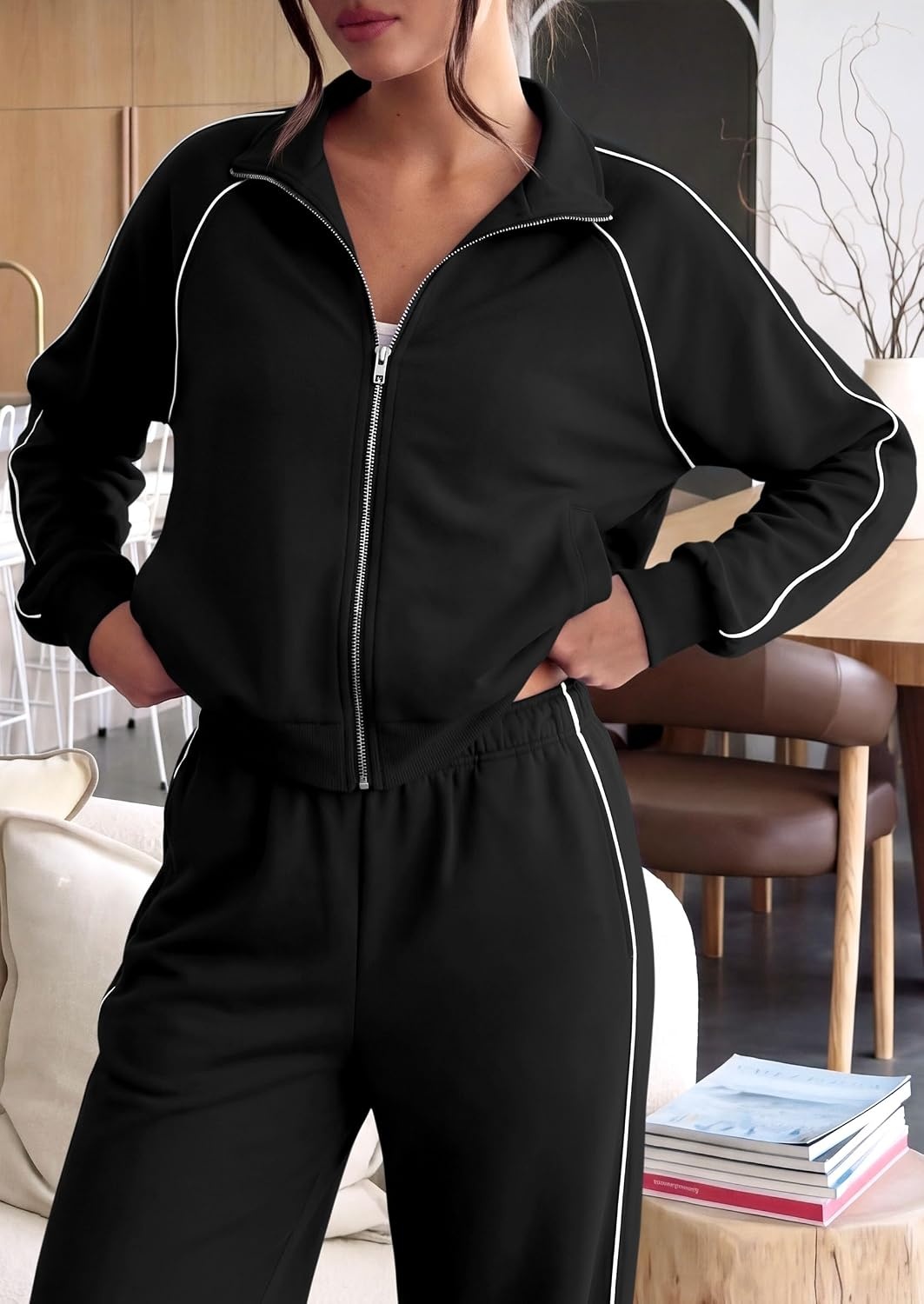 image:imagePRETTYGARDEN Womens 2 Piece Sweat Set Casual Fall Outfits Zip Up SweatshirtWide Leg Pants SweatsuitsSide StripesMatching Lounge SetsAthletic Wear for AirportJoggingTravelDailyBlack