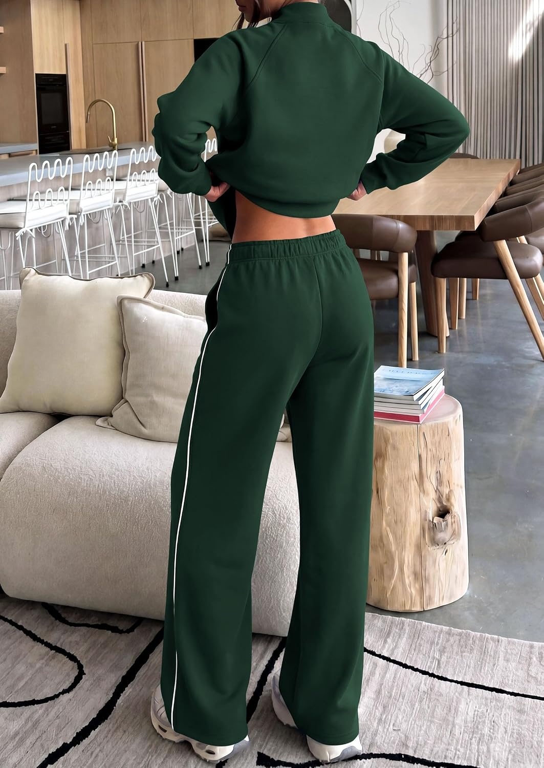 image:imagePRETTYGARDEN Womens 2 Piece Sweat Set Casual Fall Outfits Zip Up SweatshirtWide Leg Pants SweatsuitsSide StripesMatching Lounge SetsAthletic Wear for AirportJoggingTravelDailyDark Green