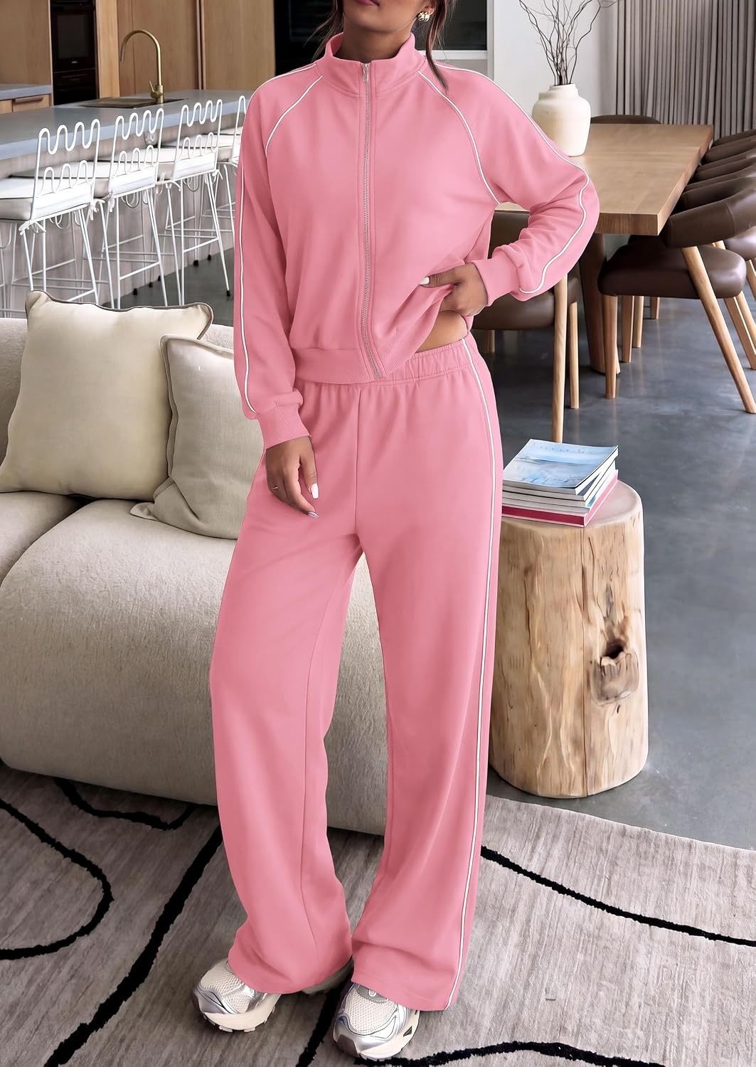 image:imagePRETTYGARDEN Womens 2 Piece Sweat Set Casual Fall Outfits Zip Up SweatshirtWide Leg Pants SweatsuitsSide StripesMatching Lounge SetsAthletic Wear for AirportJoggingTravelDailyPink