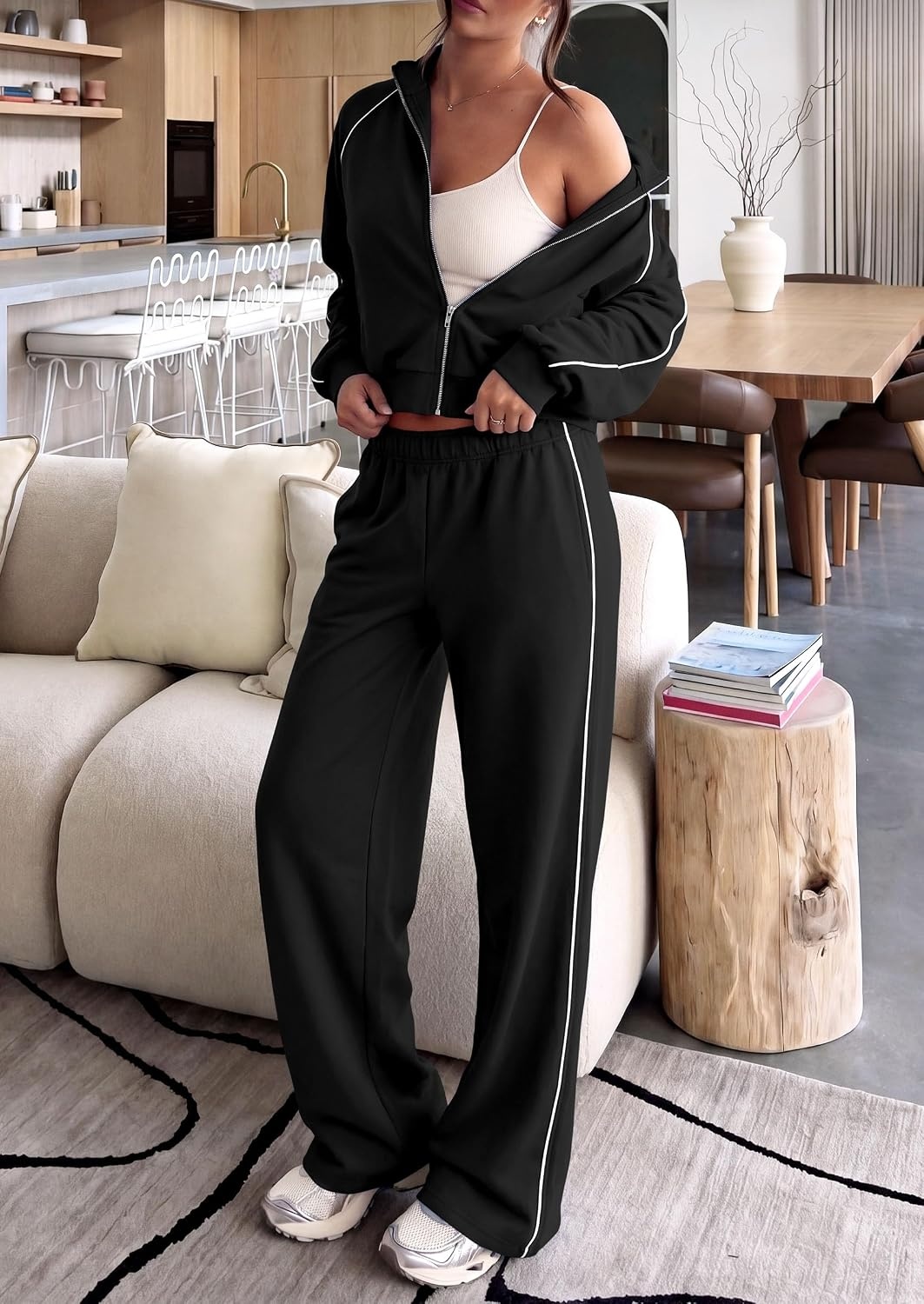 image:imagePRETTYGARDEN Womens 2 Piece Sweat Set Casual Fall Outfits Zip Up SweatshirtWide Leg Pants SweatsuitsSide StripesMatching Lounge SetsAthletic Wear for AirportJoggingTravelDailyBlack