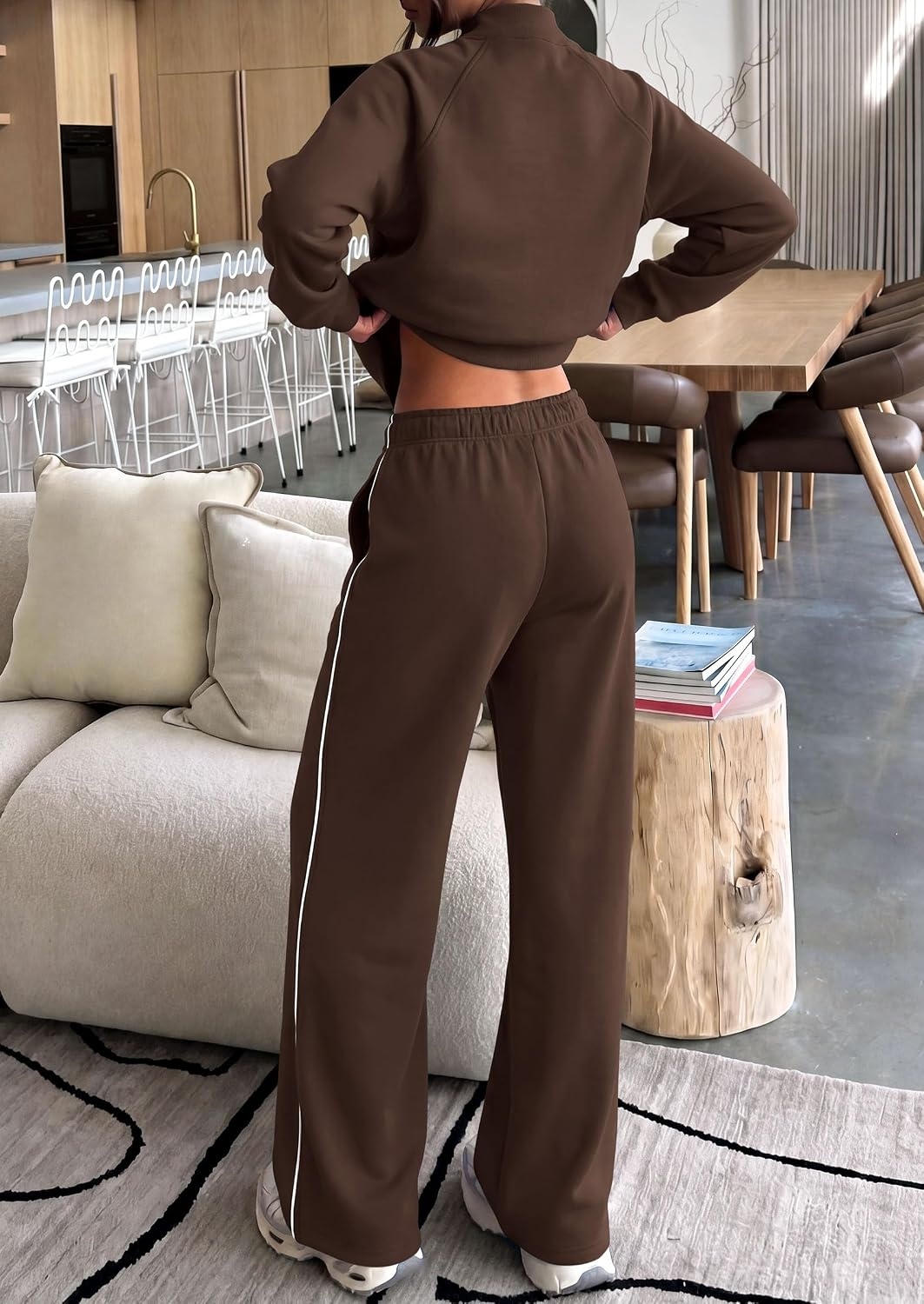image:imagePRETTYGARDEN Womens 2 Piece Sweat Set Casual Fall Outfits Zip Up SweatshirtWide Leg Pants SweatsuitsSide StripesMatching Lounge SetsAthletic Wear for AirportJoggingTravelDailyBrown