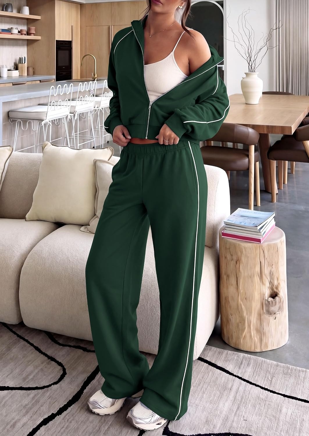 image:imagePRETTYGARDEN Womens 2 Piece Sweat Set Casual Fall Outfits Zip Up SweatshirtWide Leg Pants SweatsuitsSide StripesMatching Lounge SetsAthletic Wear for AirportJoggingTravelDailyDark Green