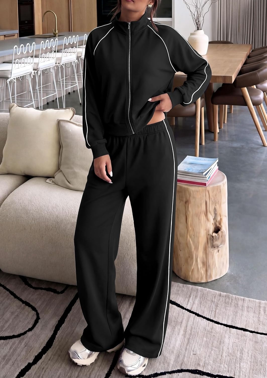 image:imagePRETTYGARDEN Womens 2 Piece Sweat Set Casual Fall Outfits Zip Up SweatshirtWide Leg Pants SweatsuitsSide StripesMatching Lounge SetsAthletic Wear for AirportJoggingTravelDailyBlack
