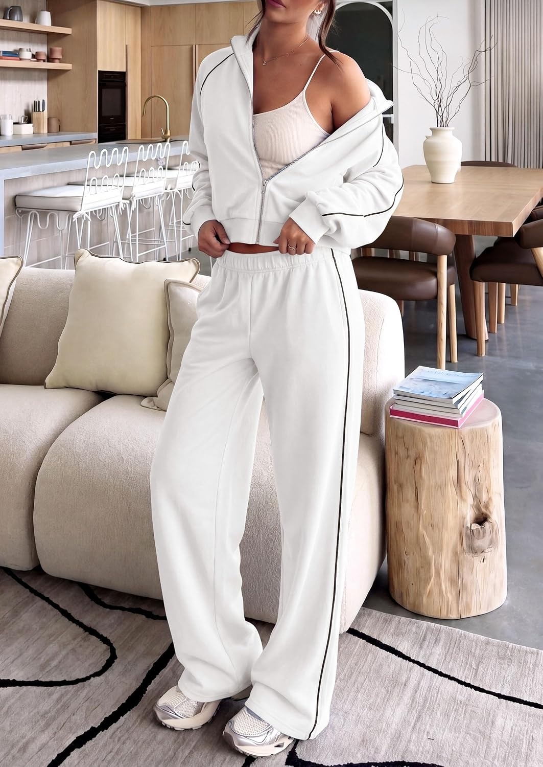 image:imagePRETTYGARDEN Womens 2 Piece Sweat Set Casual Fall Outfits Zip Up SweatshirtWide Leg Pants SweatsuitsSide StripesMatching Lounge SetsAthletic Wear for AirportJoggingTravelDailyWhite