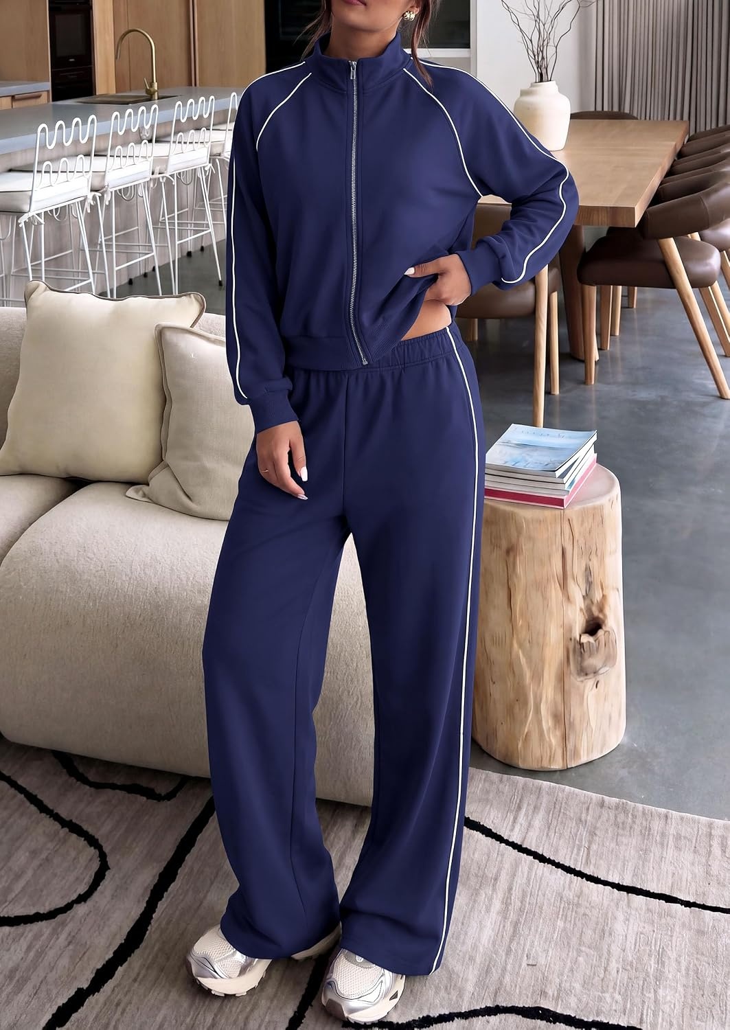 image:imagePRETTYGARDEN Womens 2 Piece Sweat Set Casual Fall Outfits Zip Up SweatshirtWide Leg Pants SweatsuitsSide StripesMatching Lounge SetsAthletic Wear for AirportJoggingTravelDailyNavy Blue