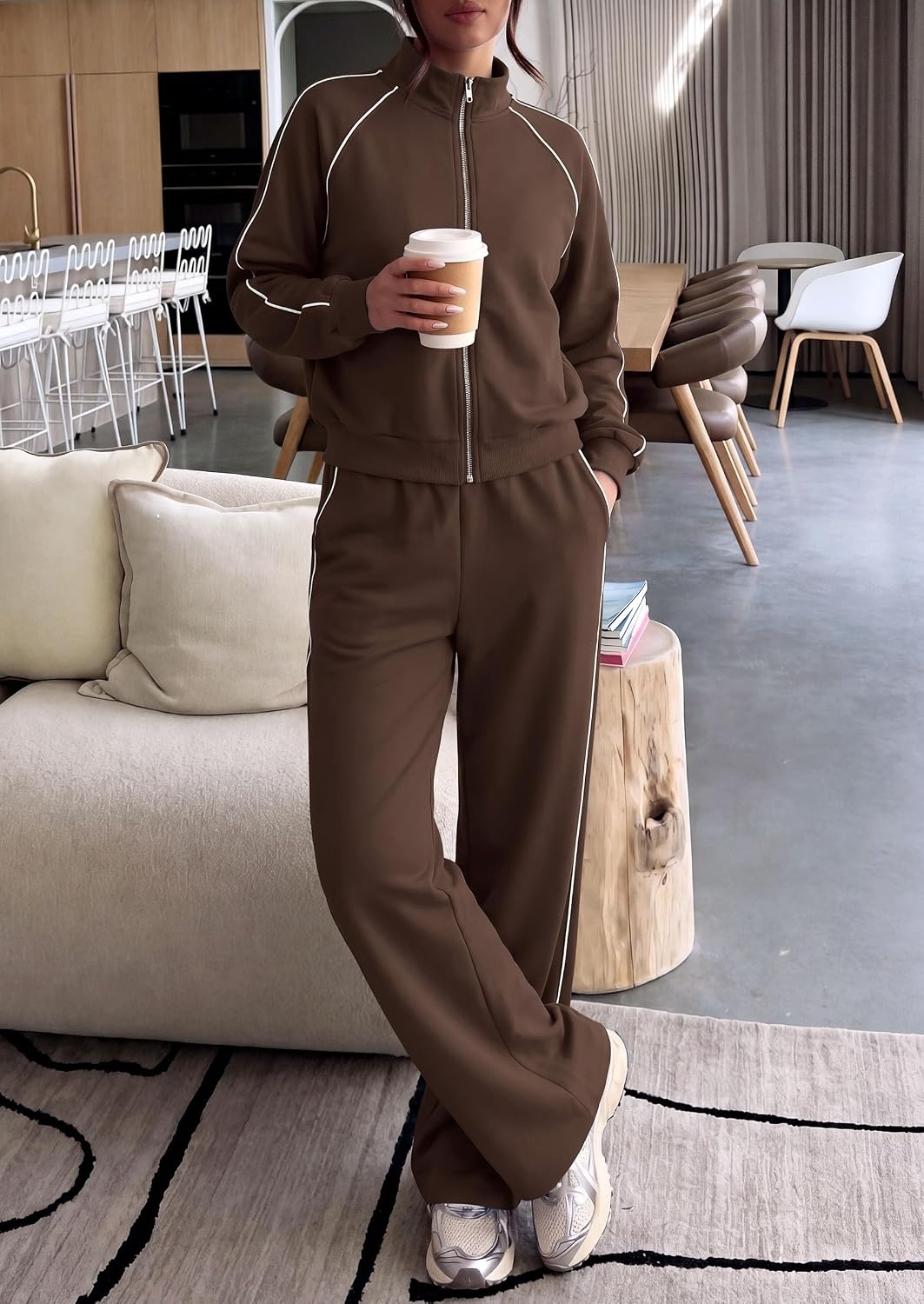 image:imagePRETTYGARDEN Womens 2 Piece Sweat Set Casual Fall Outfits Zip Up SweatshirtWide Leg Pants SweatsuitsSide StripesMatching Lounge SetsAthletic Wear for AirportJoggingTravelDailyBrown