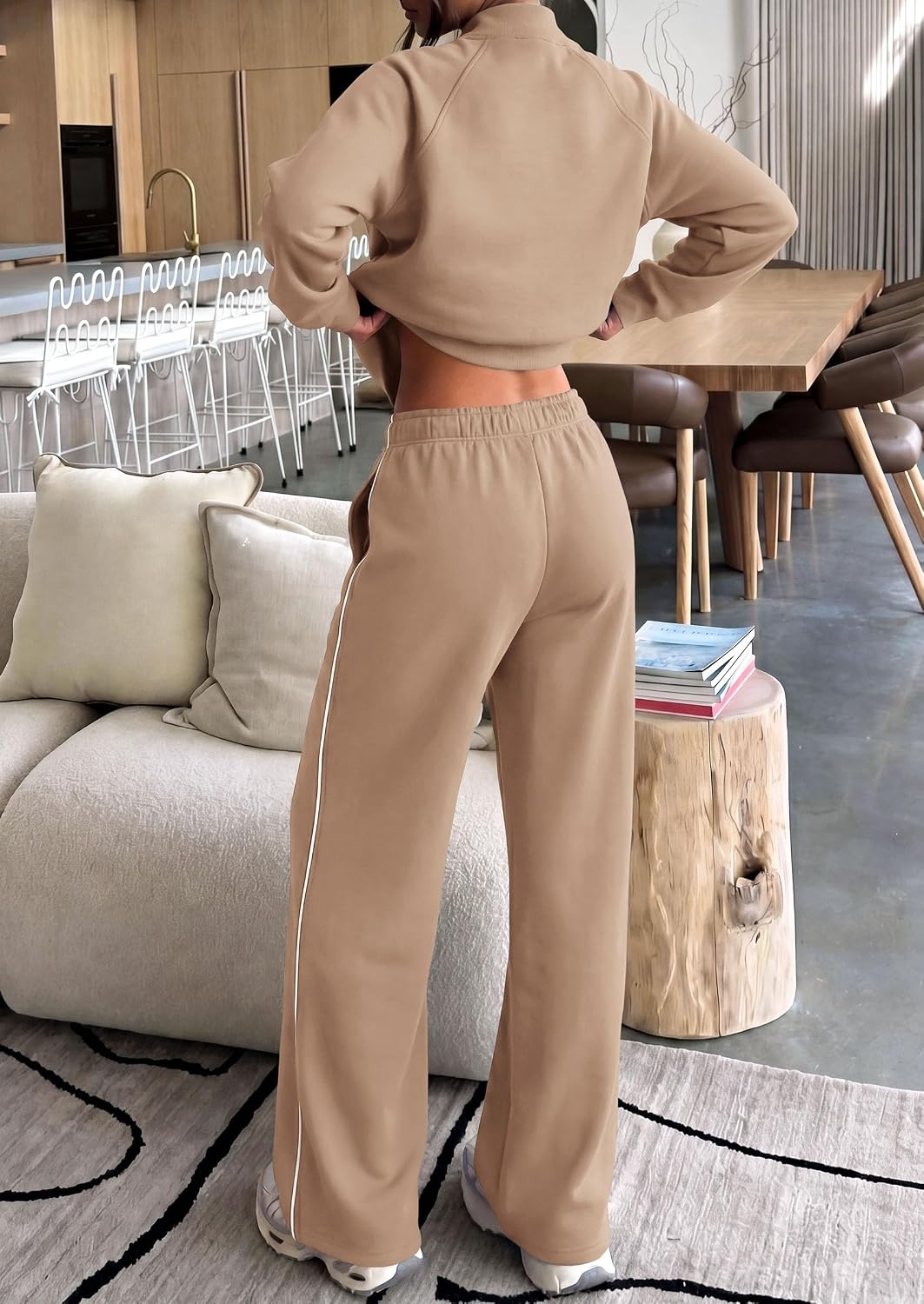 image:imagePRETTYGARDEN Womens 2 Piece Sweat Set Casual Fall Outfits Zip Up SweatshirtWide Leg Pants SweatsuitsSide StripesMatching Lounge SetsAthletic Wear for AirportJoggingTravelDailyKhaki