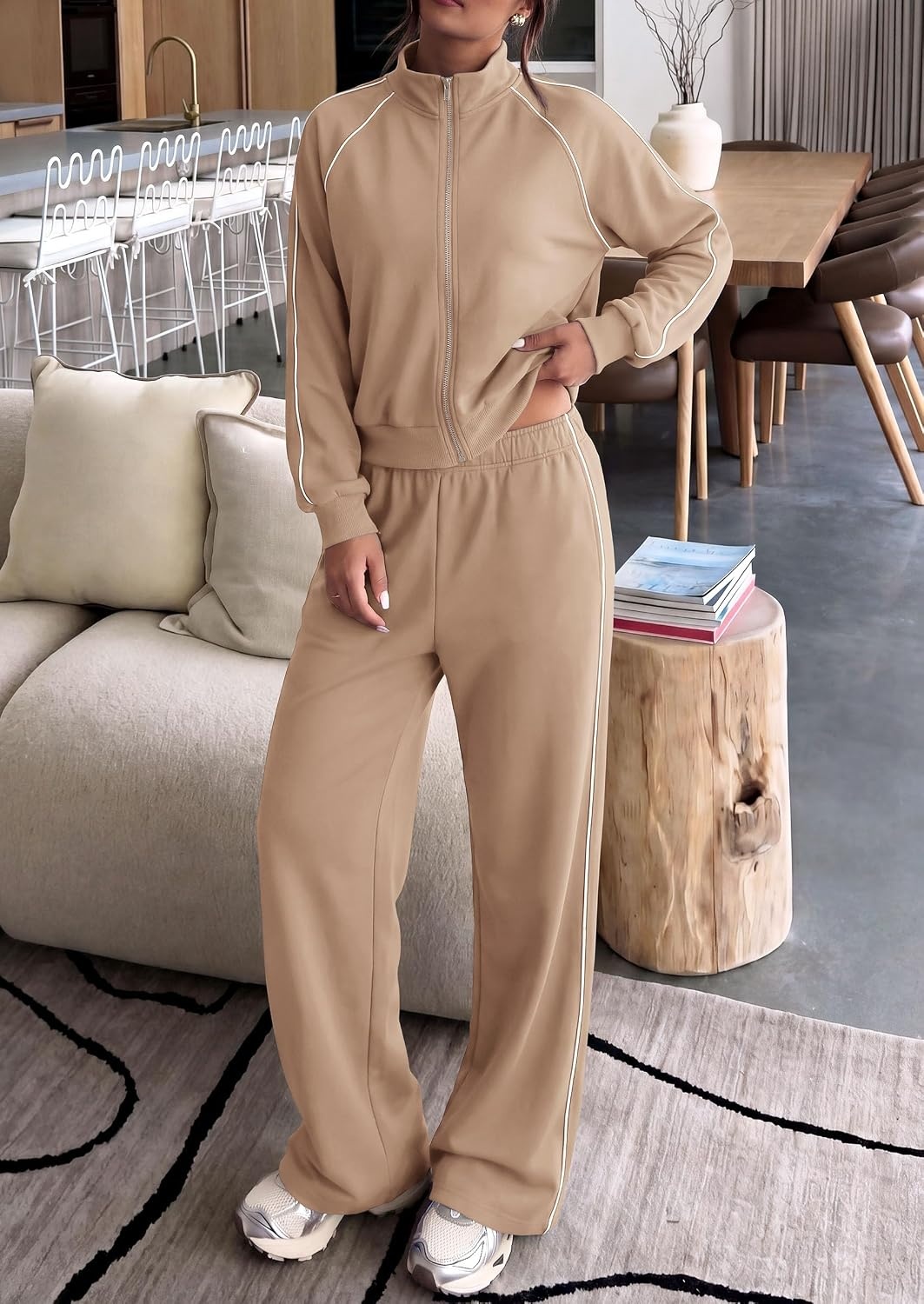 image:imagePRETTYGARDEN Womens 2 Piece Sweat Set Casual Fall Outfits Zip Up SweatshirtWide Leg Pants SweatsuitsSide StripesMatching Lounge SetsAthletic Wear for AirportJoggingTravelDailyKhaki