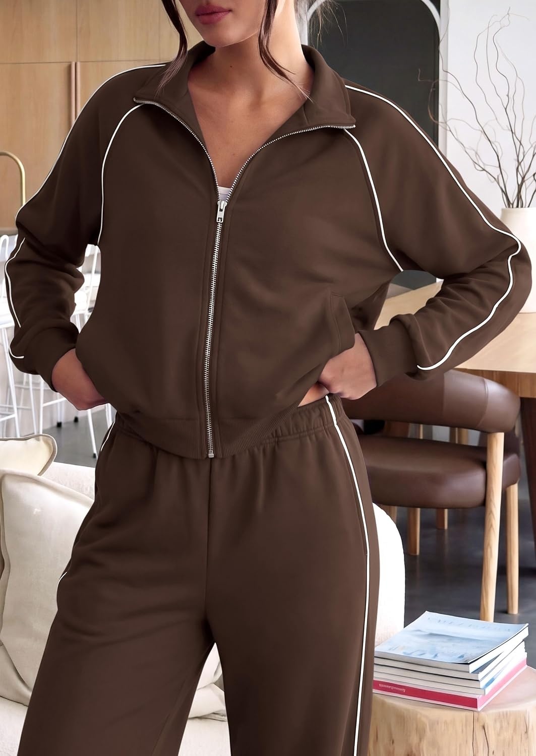 image:imagePRETTYGARDEN Womens 2 Piece Sweat Set Casual Fall Outfits Zip Up SweatshirtWide Leg Pants SweatsuitsSide StripesMatching Lounge SetsAthletic Wear for AirportJoggingTravelDailyBrown