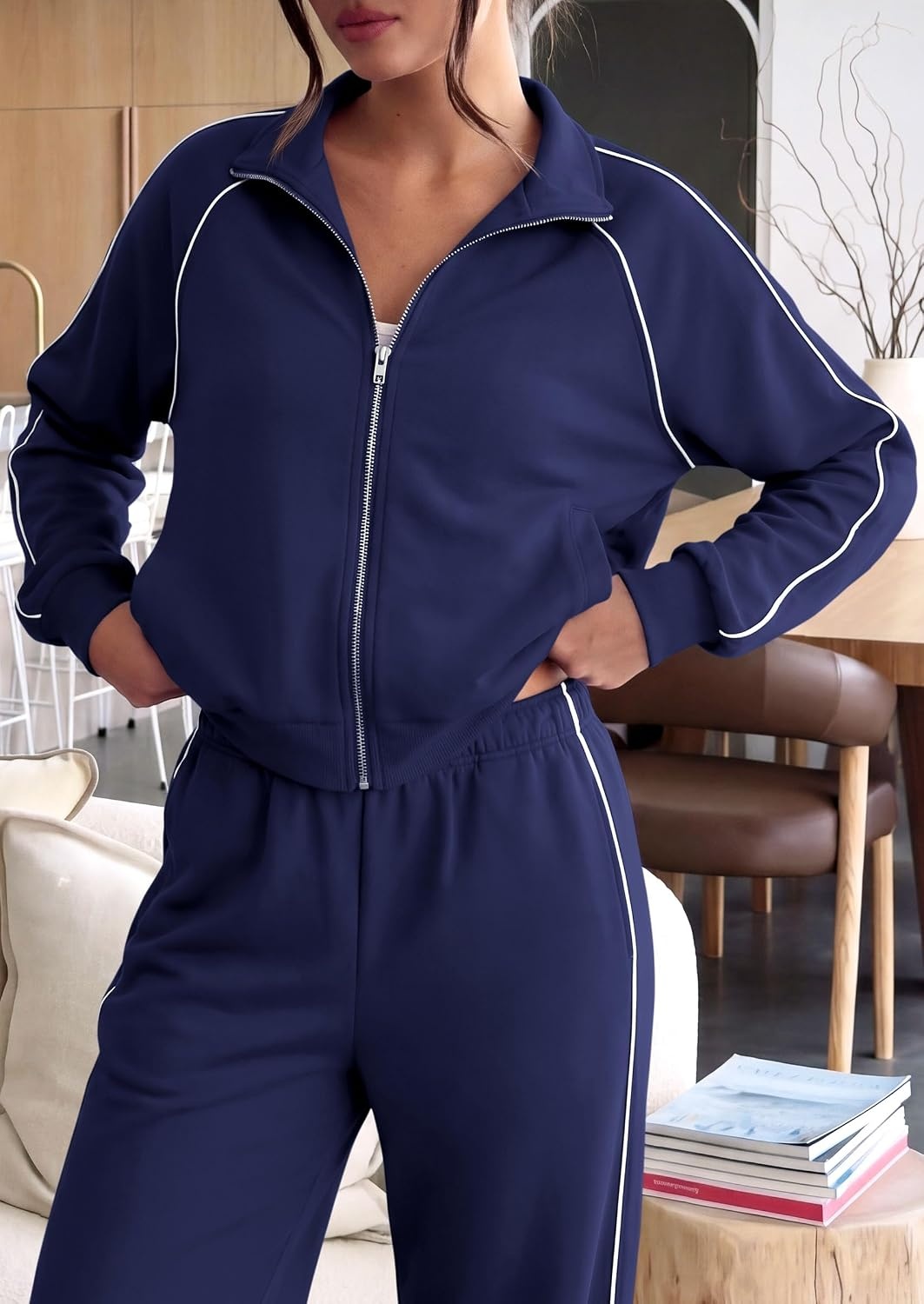 image:imagePRETTYGARDEN Womens 2 Piece Sweat Set Casual Fall Outfits Zip Up SweatshirtWide Leg Pants SweatsuitsSide StripesMatching Lounge SetsAthletic Wear for AirportJoggingTravelDailyNavy Blue