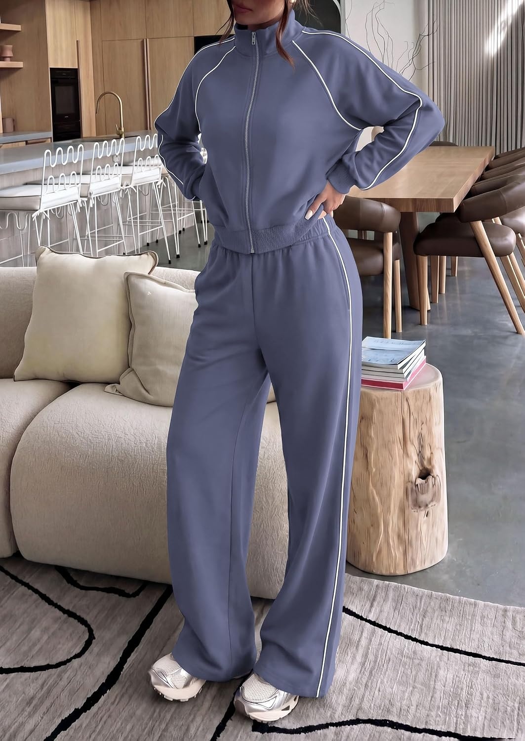 image:imagePRETTYGARDEN Womens 2 Piece Sweat Set Casual Fall Outfits Zip Up SweatshirtWide Leg Pants SweatsuitsSide StripesMatching Lounge SetsAthletic Wear for AirportJoggingTravelDailyGrey Blue