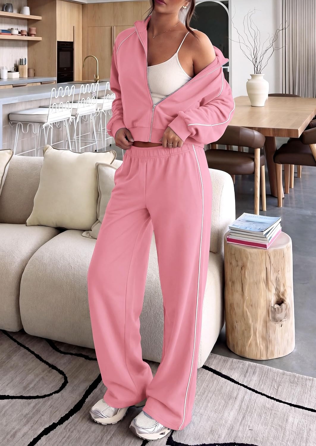 image:imagePRETTYGARDEN Womens 2 Piece Sweat Set Casual Fall Outfits Zip Up SweatshirtWide Leg Pants SweatsuitsSide StripesMatching Lounge SetsAthletic Wear for AirportJoggingTravelDailyPink