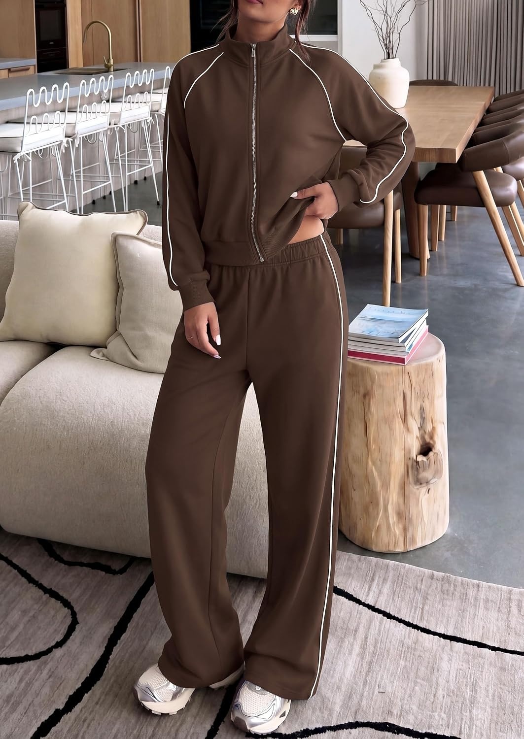 image:imagePRETTYGARDEN Womens 2 Piece Sweat Set Casual Fall Outfits Zip Up SweatshirtWide Leg Pants SweatsuitsSide StripesMatching Lounge SetsAthletic Wear for AirportJoggingTravelDailyBrown