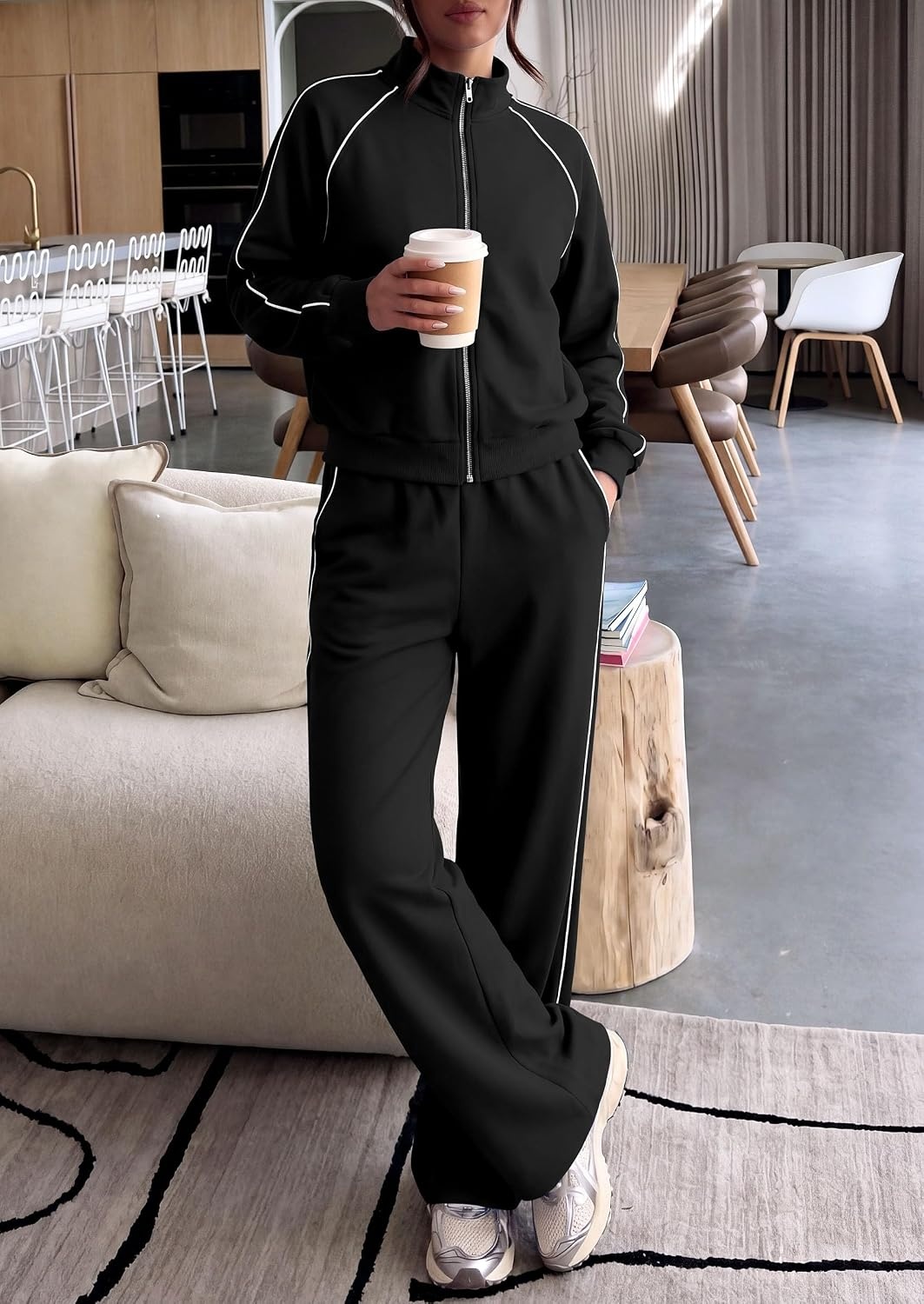 image:imagePRETTYGARDEN Womens 2 Piece Sweat Set Casual Fall Outfits Zip Up SweatshirtWide Leg Pants SweatsuitsSide StripesMatching Lounge SetsAthletic Wear for AirportJoggingTravelDailyBlack