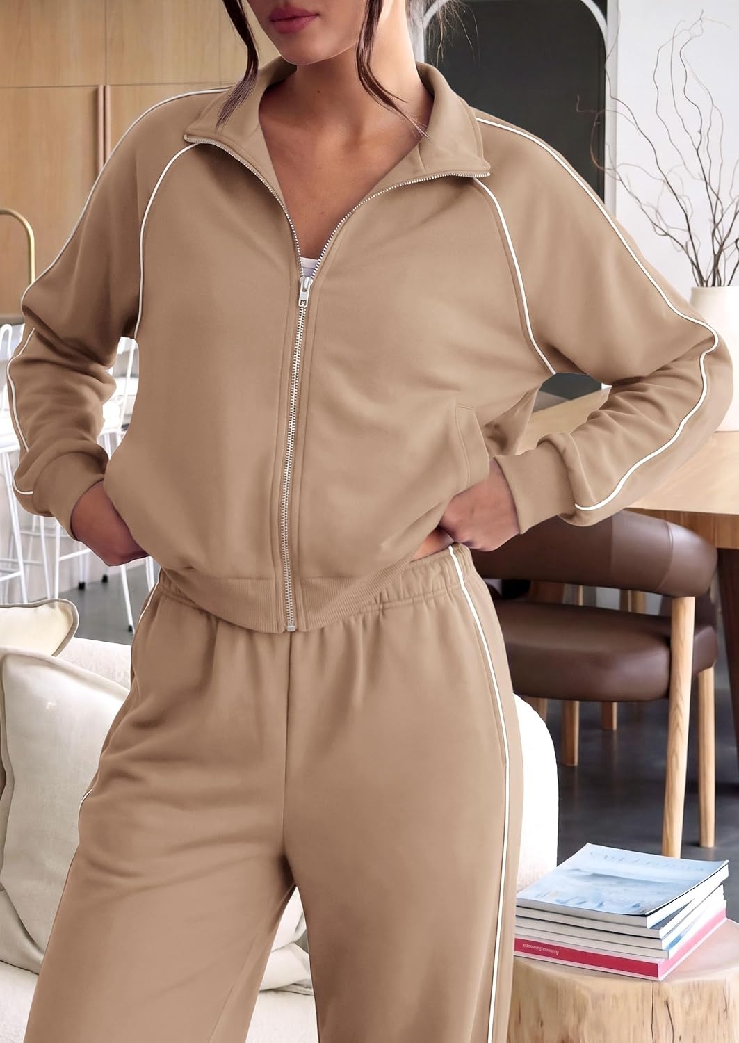 image:imagePRETTYGARDEN Womens 2 Piece Sweat Set Casual Fall Outfits Zip Up SweatshirtWide Leg Pants SweatsuitsSide StripesMatching Lounge SetsAthletic Wear for AirportJoggingTravelDailyKhaki