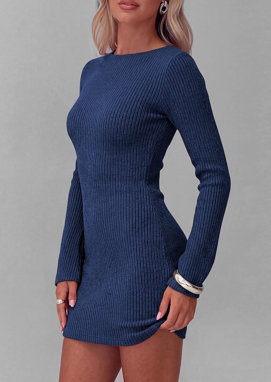 image:imagePRETTYGARDEN Womens Boat Neck Bell Long Sleeve Mini Dress High Stretch Ribbed KnitVersatile Basic Slim Fit BodyconShort Night Out Party Cocktail DressesFall Winter Fashion ClothingNavy