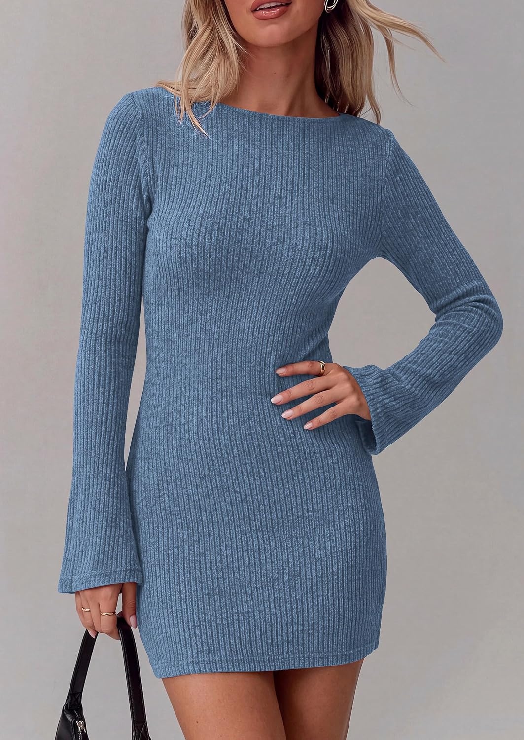 image:imagePRETTYGARDEN Womens Boat Neck Bell Long Sleeve Mini Dress High Stretch Ribbed KnitVersatile Basic Slim Fit BodyconShort Night Out Party Cocktail DressesFall Winter Fashion ClothingGrey Blue