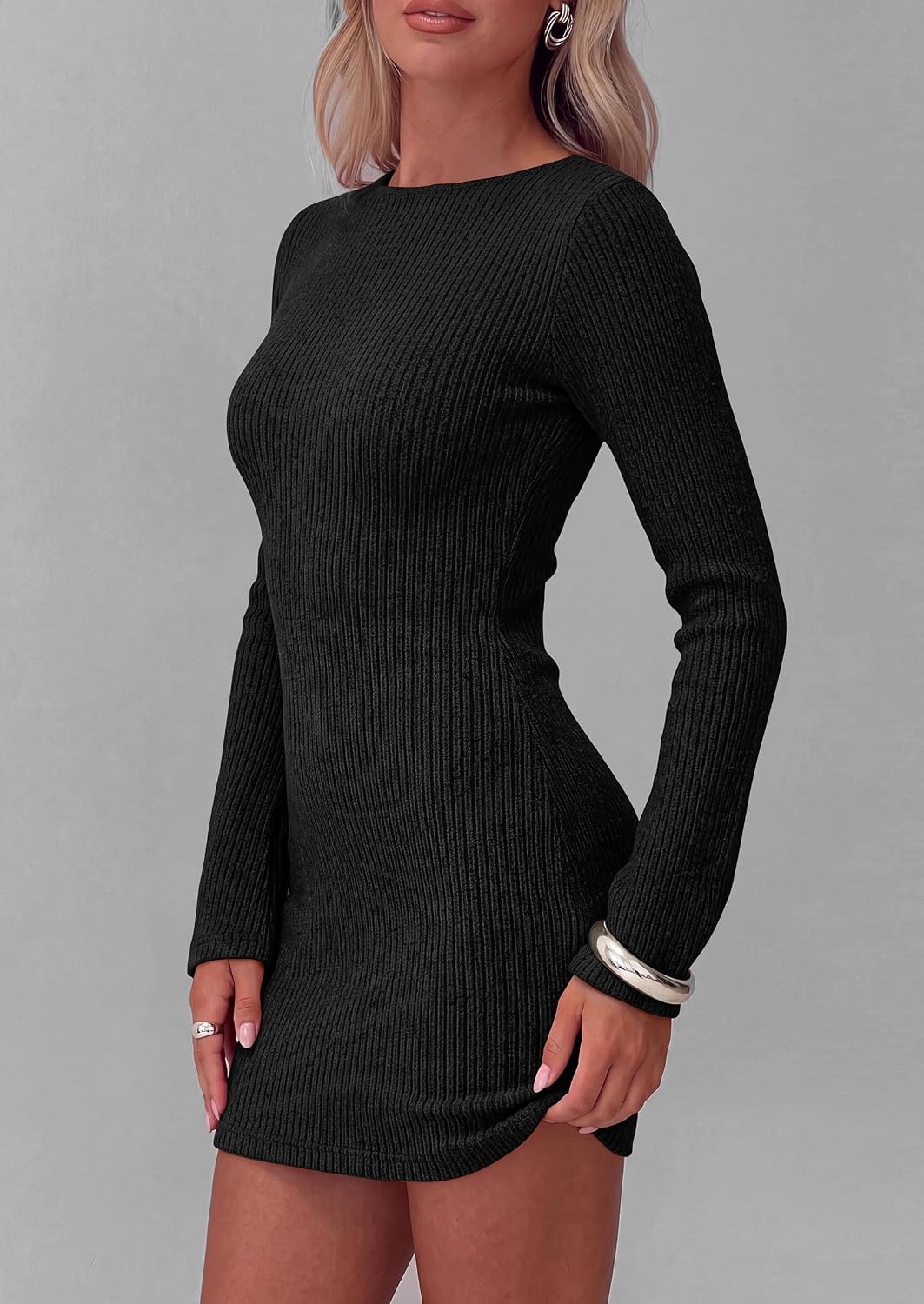 image:imagePRETTYGARDEN Womens Boat Neck Bell Long Sleeve Mini Dress High Stretch Ribbed KnitVersatile Basic Slim Fit BodyconShort Night Out Party Cocktail DressesFall Winter Fashion ClothingBlack