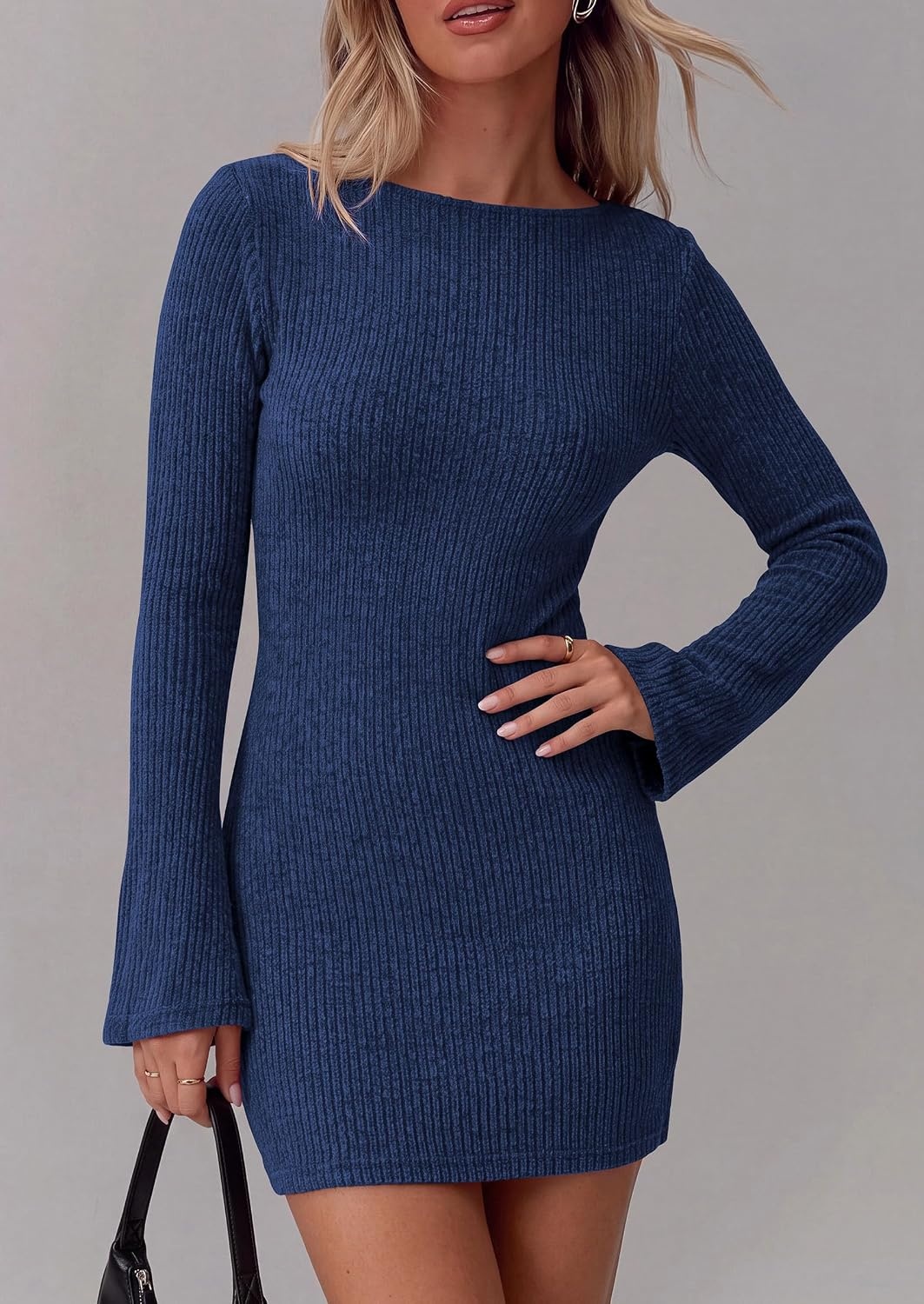 image:imagePRETTYGARDEN Womens Boat Neck Bell Long Sleeve Mini Dress High Stretch Ribbed KnitVersatile Basic Slim Fit BodyconShort Night Out Party Cocktail DressesFall Winter Fashion ClothingNavy
