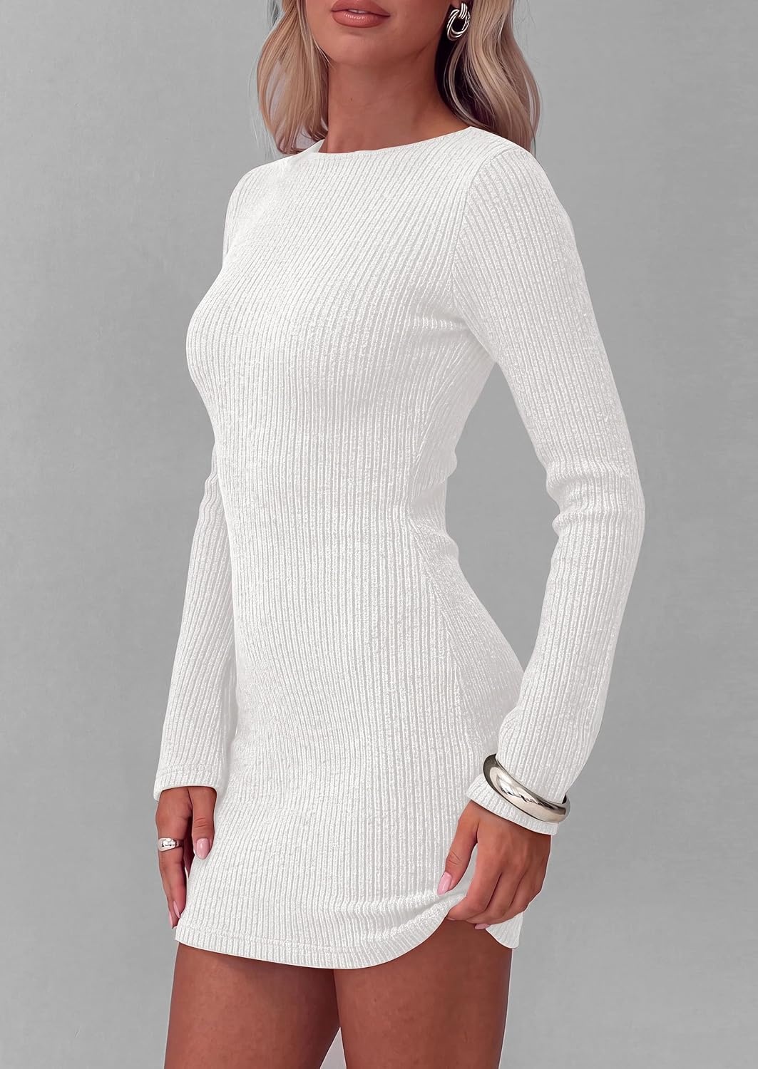 image:imagePRETTYGARDEN Womens Boat Neck Bell Long Sleeve Mini Dress High Stretch Ribbed KnitVersatile Basic Slim Fit BodyconShort Night Out Party Cocktail DressesFall Winter Fashion ClothingWhite
