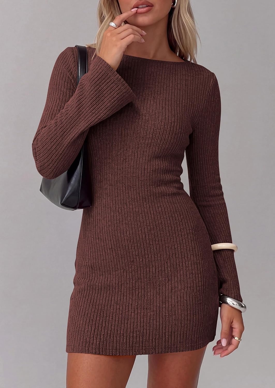 image:imagePRETTYGARDEN Womens Boat Neck Bell Long Sleeve Mini Dress High Stretch Ribbed KnitVersatile Basic Slim Fit BodyconShort Night Out Party Cocktail DressesFall Winter Fashion ClothingBrown