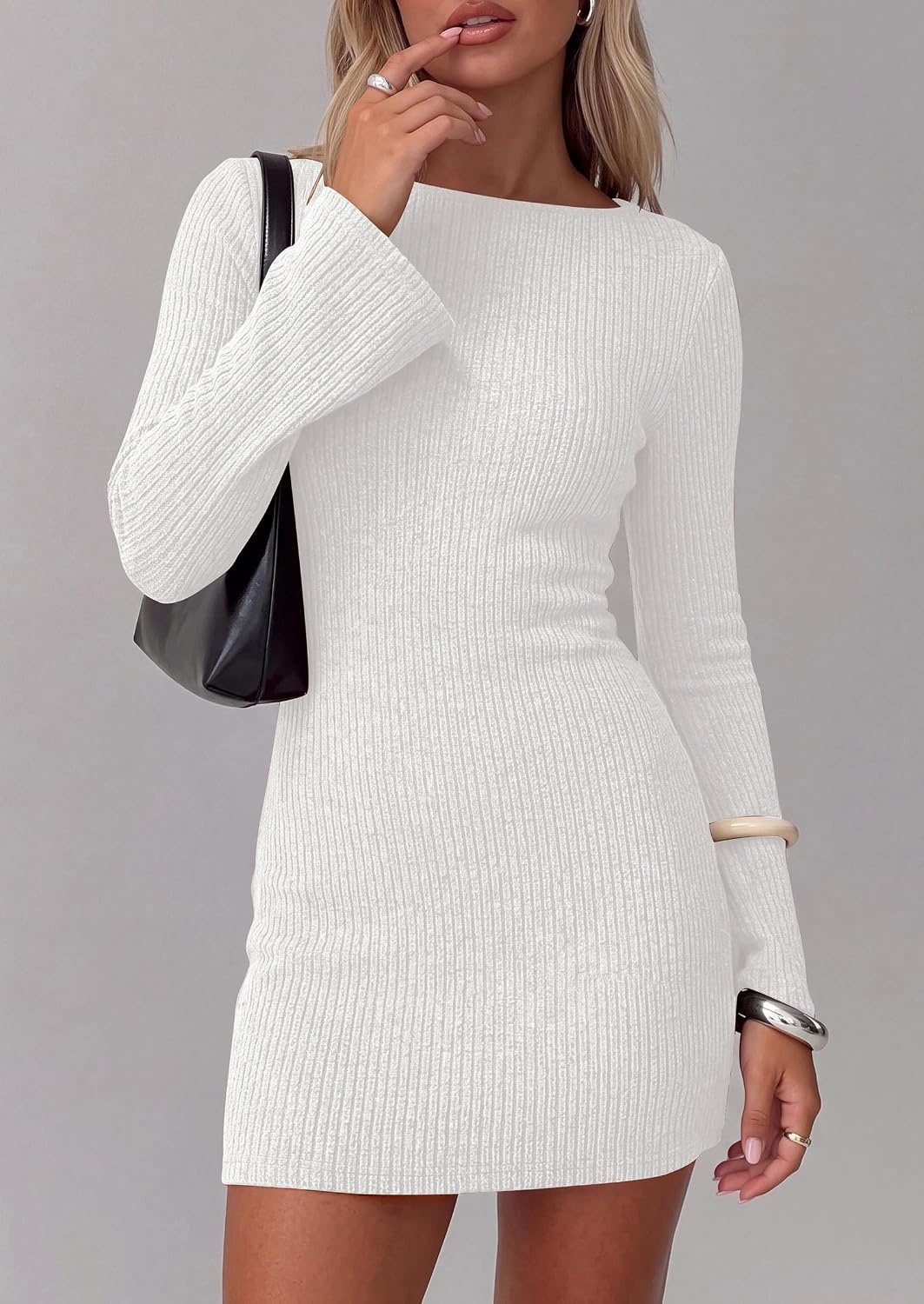 image:imagePRETTYGARDEN Womens Boat Neck Bell Long Sleeve Mini Dress High Stretch Ribbed KnitVersatile Basic Slim Fit BodyconShort Night Out Party Cocktail DressesFall Winter Fashion ClothingWhite