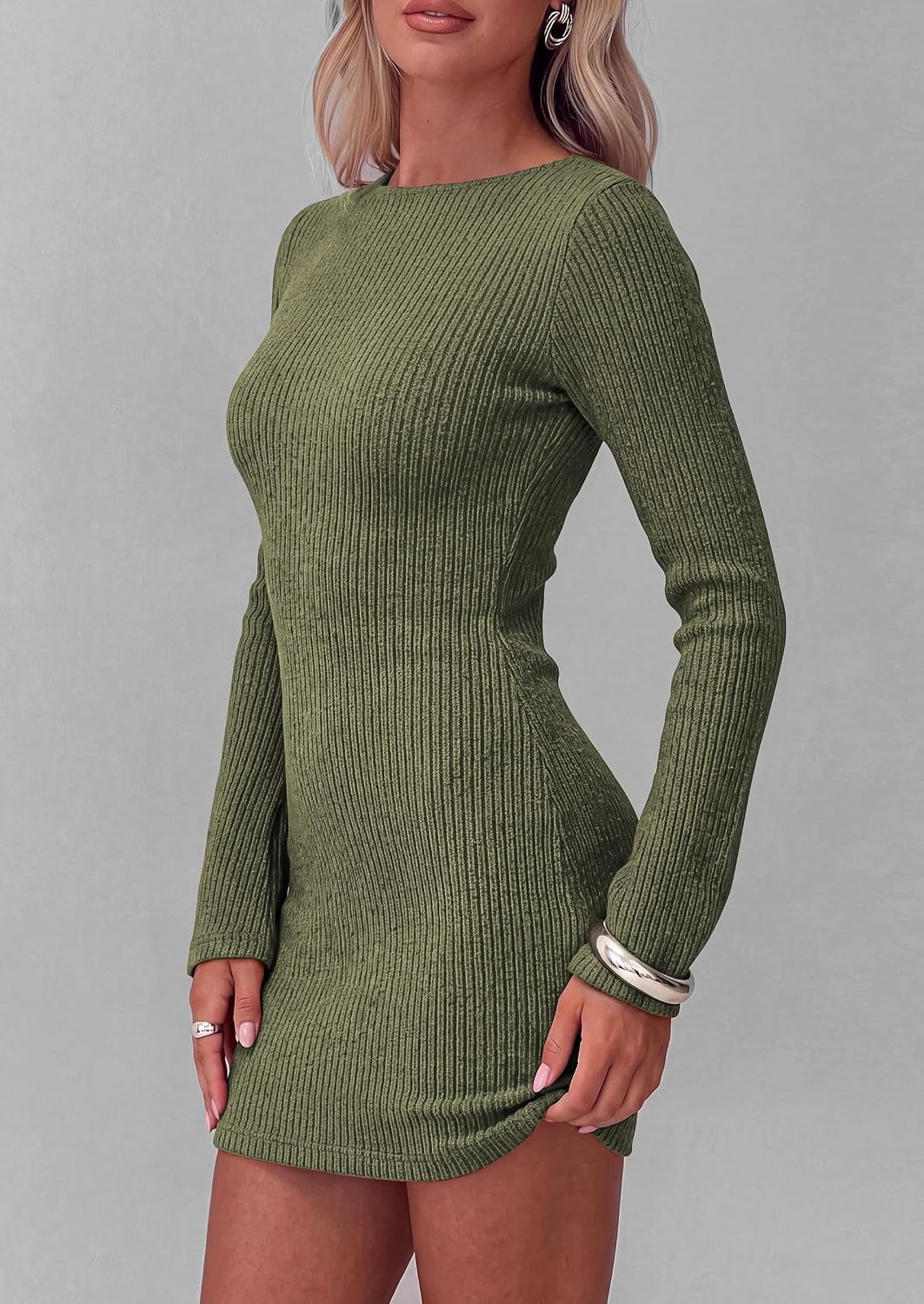 image:imagePRETTYGARDEN Womens Boat Neck Bell Long Sleeve Mini Dress High Stretch Ribbed KnitVersatile Basic Slim Fit BodyconShort Night Out Party Cocktail DressesFall Winter Fashion ClothingArmy Green